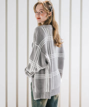 オーバーサイズ総柄Vネックボリュームニットカーディガン アーガイル柄 チェック柄 15484