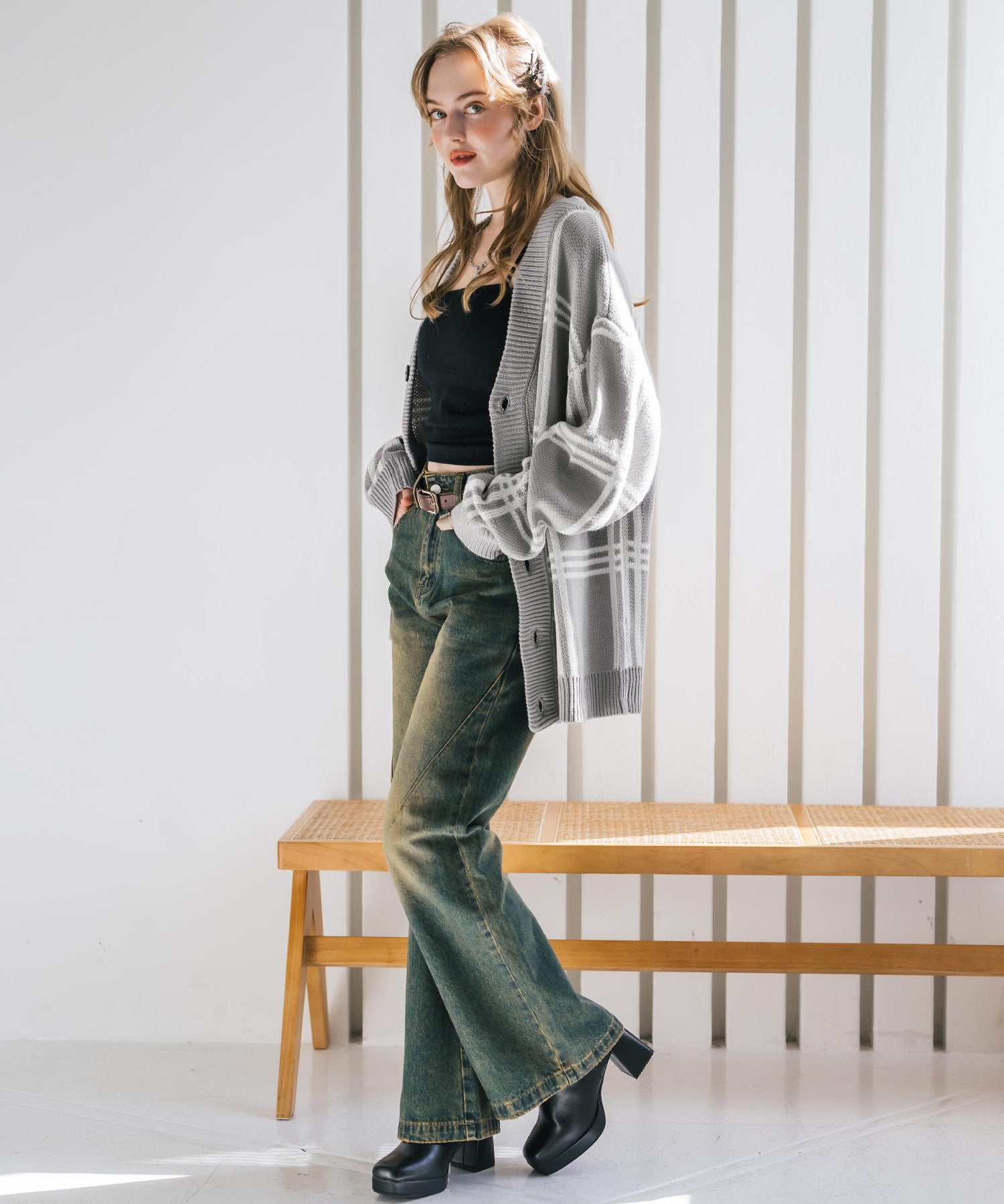 オーバーサイズ総柄Vネックボリュームニットカーディガン アーガイル柄 チェック柄 15484