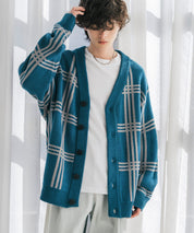 オーバーサイズ総柄Vネックボリュームニットカーディガン アーガイル柄 チェック柄 15484