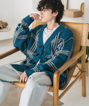 オーバーサイズ総柄Vネックボリュームニットカーディガン アーガイル柄 チェック柄 15484