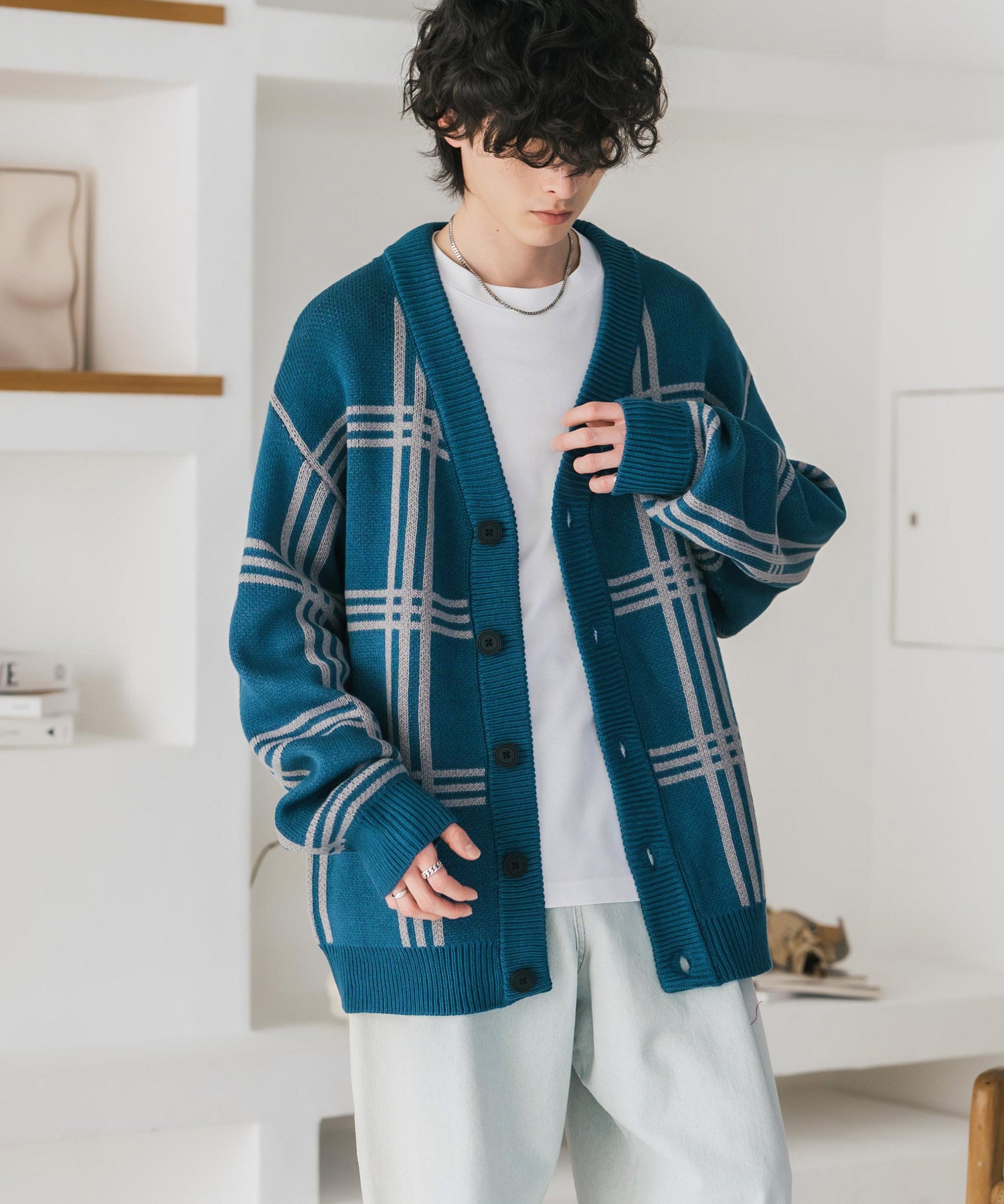 オーバーサイズ総柄Vネックボリュームニットカーディガン アーガイル柄 チェック柄 15484