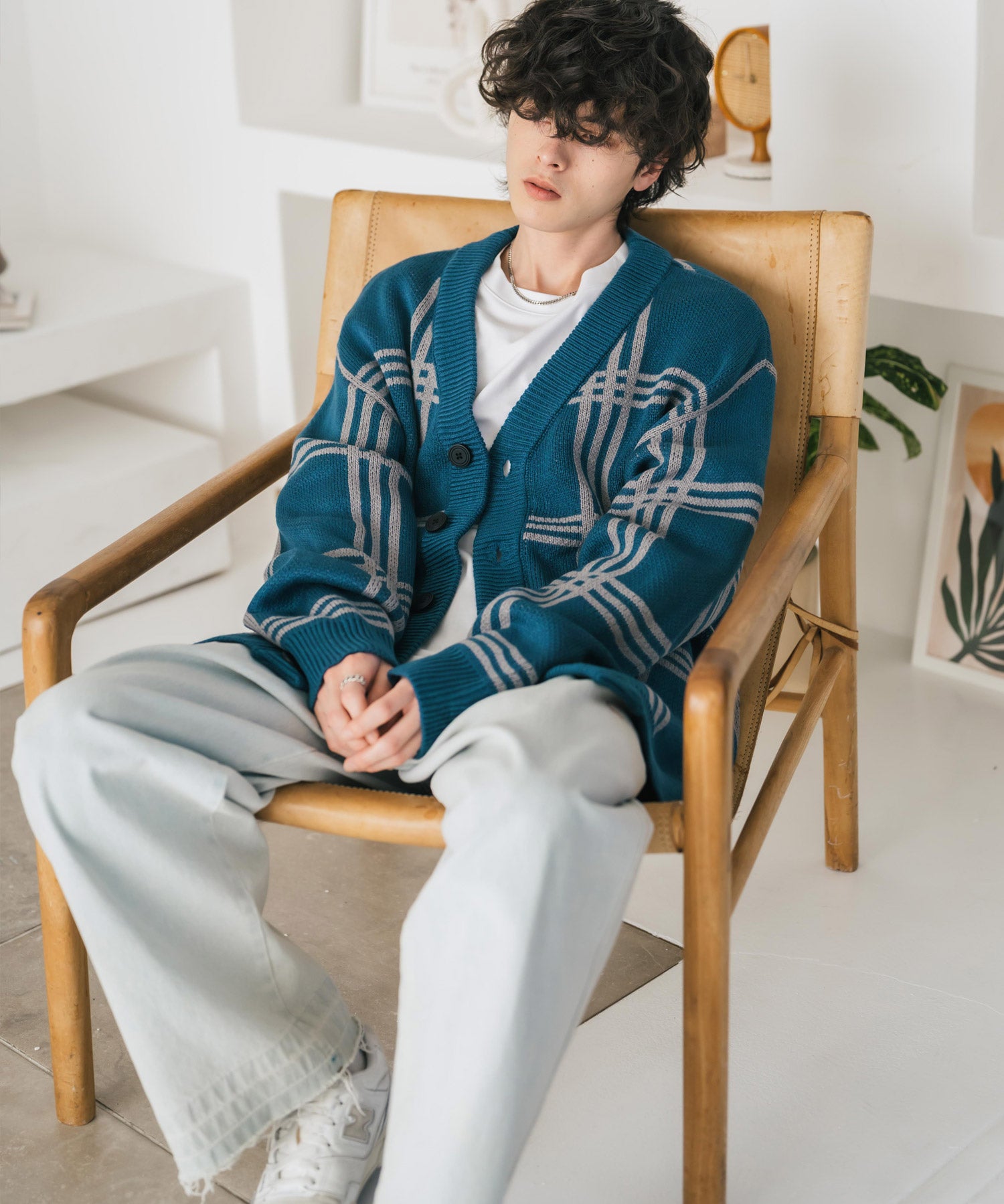 オーバーサイズ総柄Vネックボリュームニットカーディガン アーガイル柄 チェック柄 15484