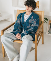 オーバーサイズ総柄Vネックボリュームニットカーディガン アーガイル柄 チェック柄 15484