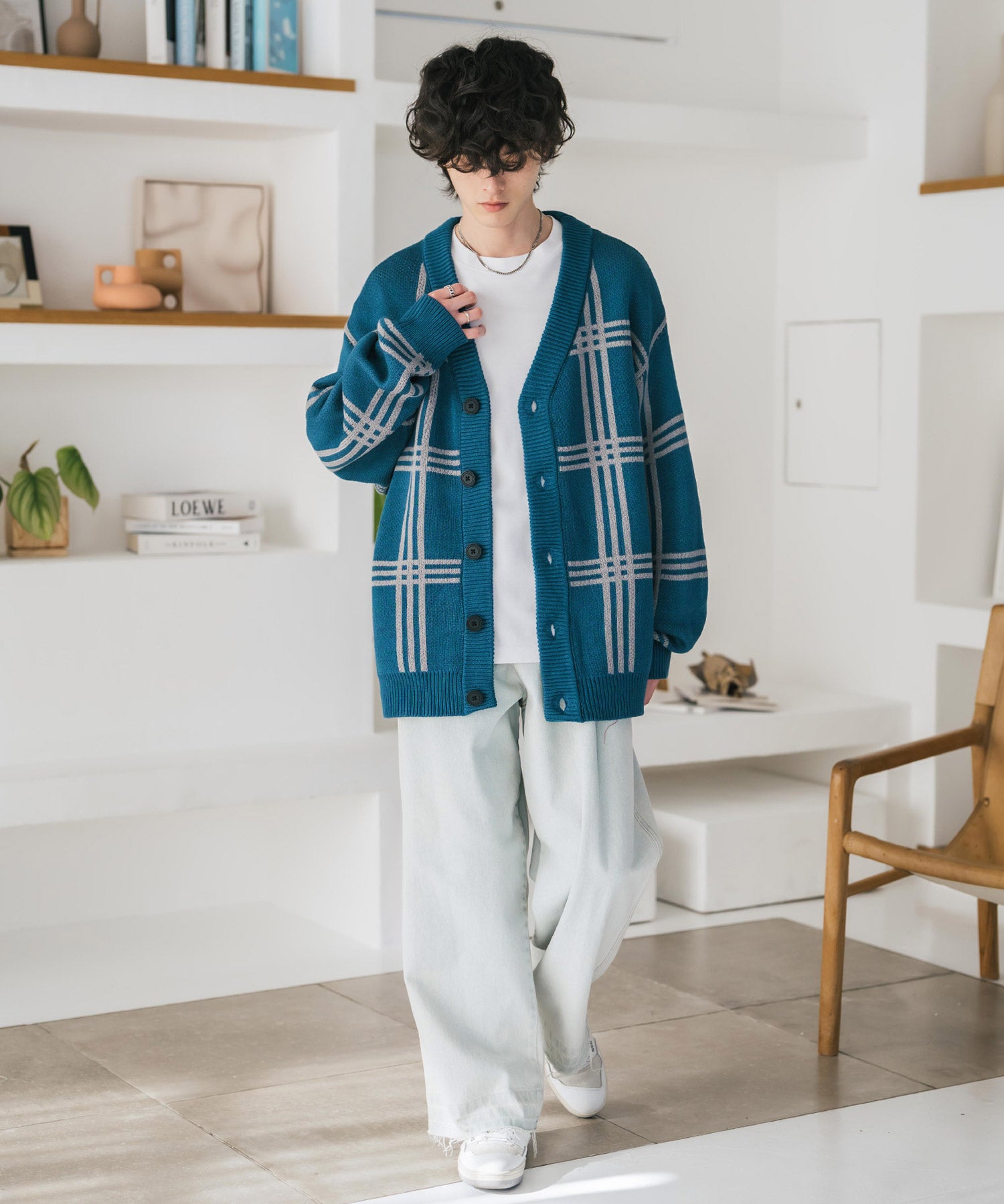 オーバーサイズ総柄Vネックボリュームニットカーディガン アーガイル柄 チェック柄 15484