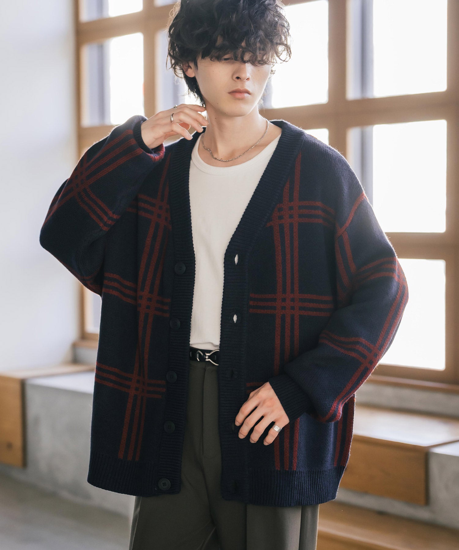 オーバーサイズ総柄Vネックボリュームニットカーディガン アーガイル柄 チェック柄 15484