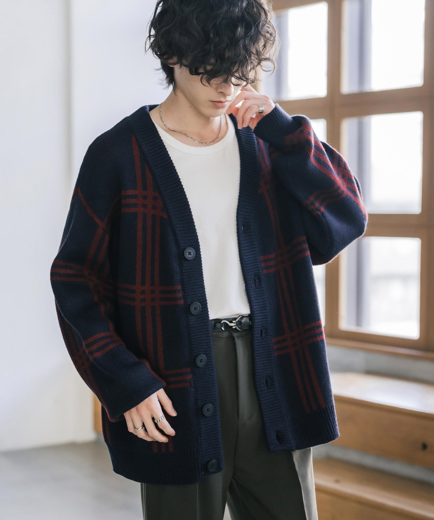 オーバーサイズ総柄Vネックボリュームニットカーディガン アーガイル柄 チェック柄 15484