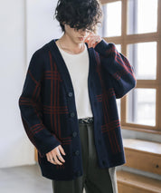 オーバーサイズ総柄Vネックボリュームニットカーディガン アーガイル柄 チェック柄 15484