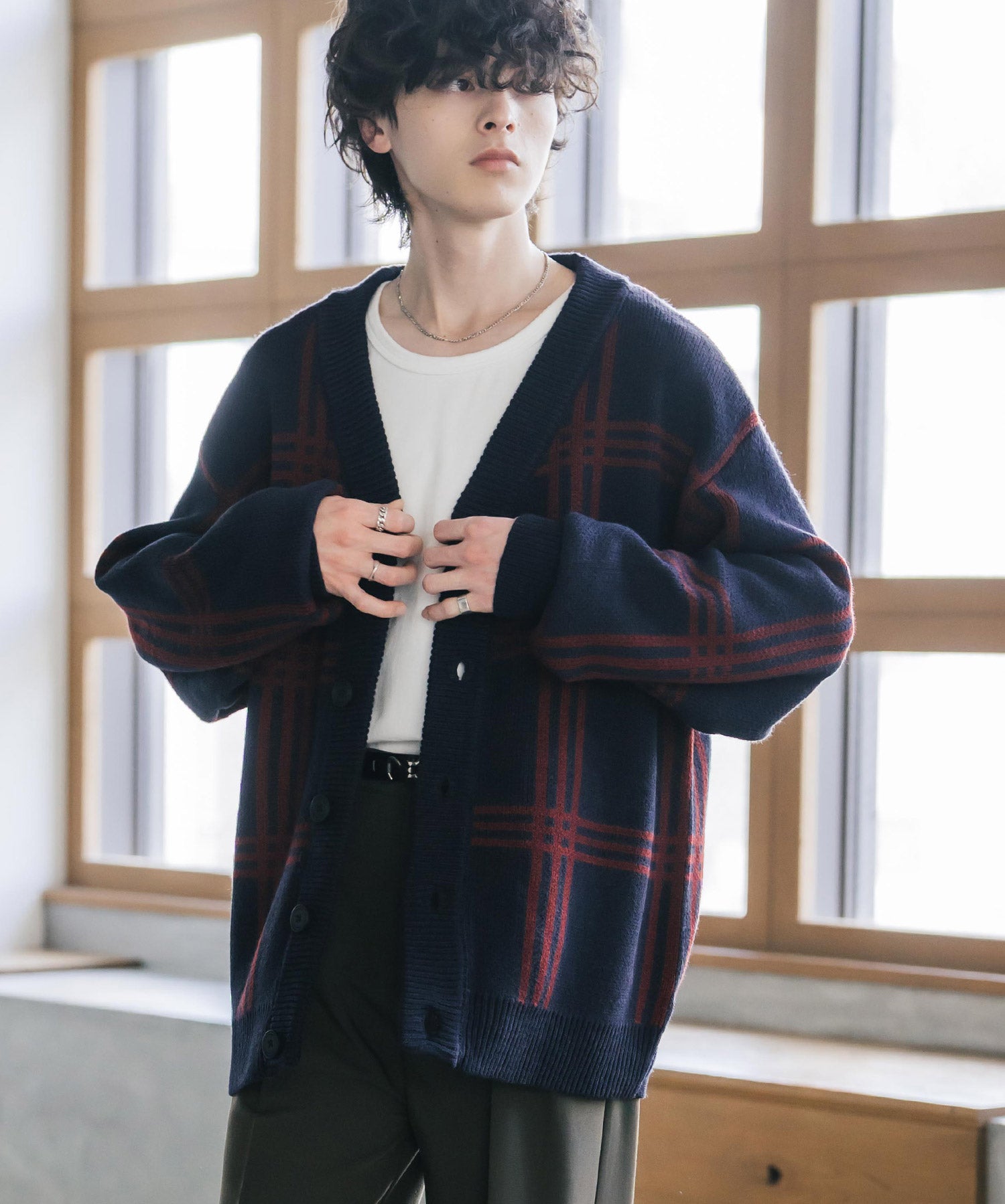 オーバーサイズ総柄Vネックボリュームニットカーディガン アーガイル柄 チェック柄 15484