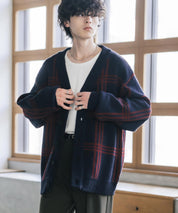 オーバーサイズ総柄Vネックボリュームニットカーディガン アーガイル柄 チェック柄 15484