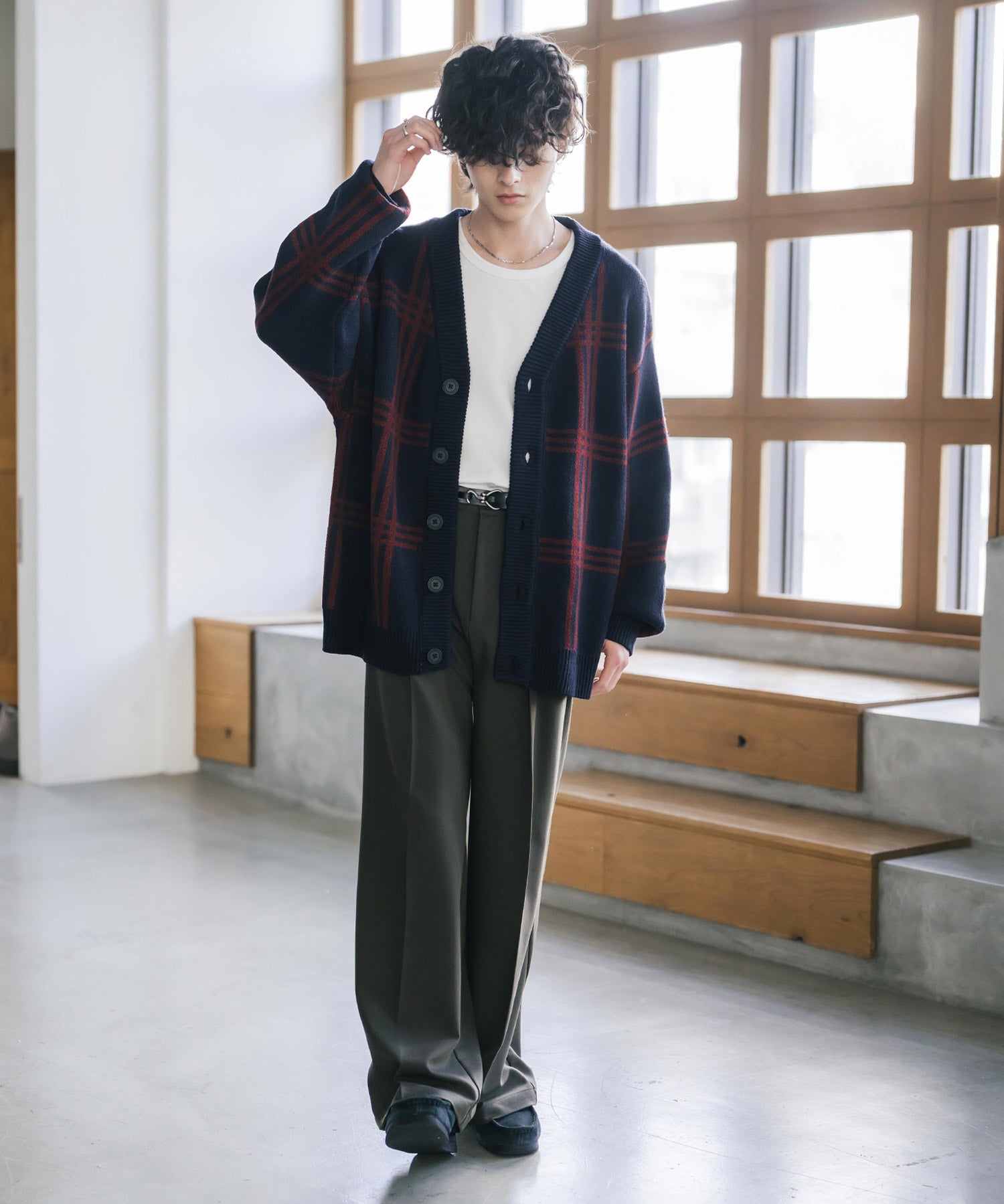 オーバーサイズ総柄Vネックボリュームニットカーディガン アーガイル柄 チェック柄 15484