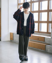 オーバーサイズ総柄Vネックボリュームニットカーディガン アーガイル柄 チェック柄 15484