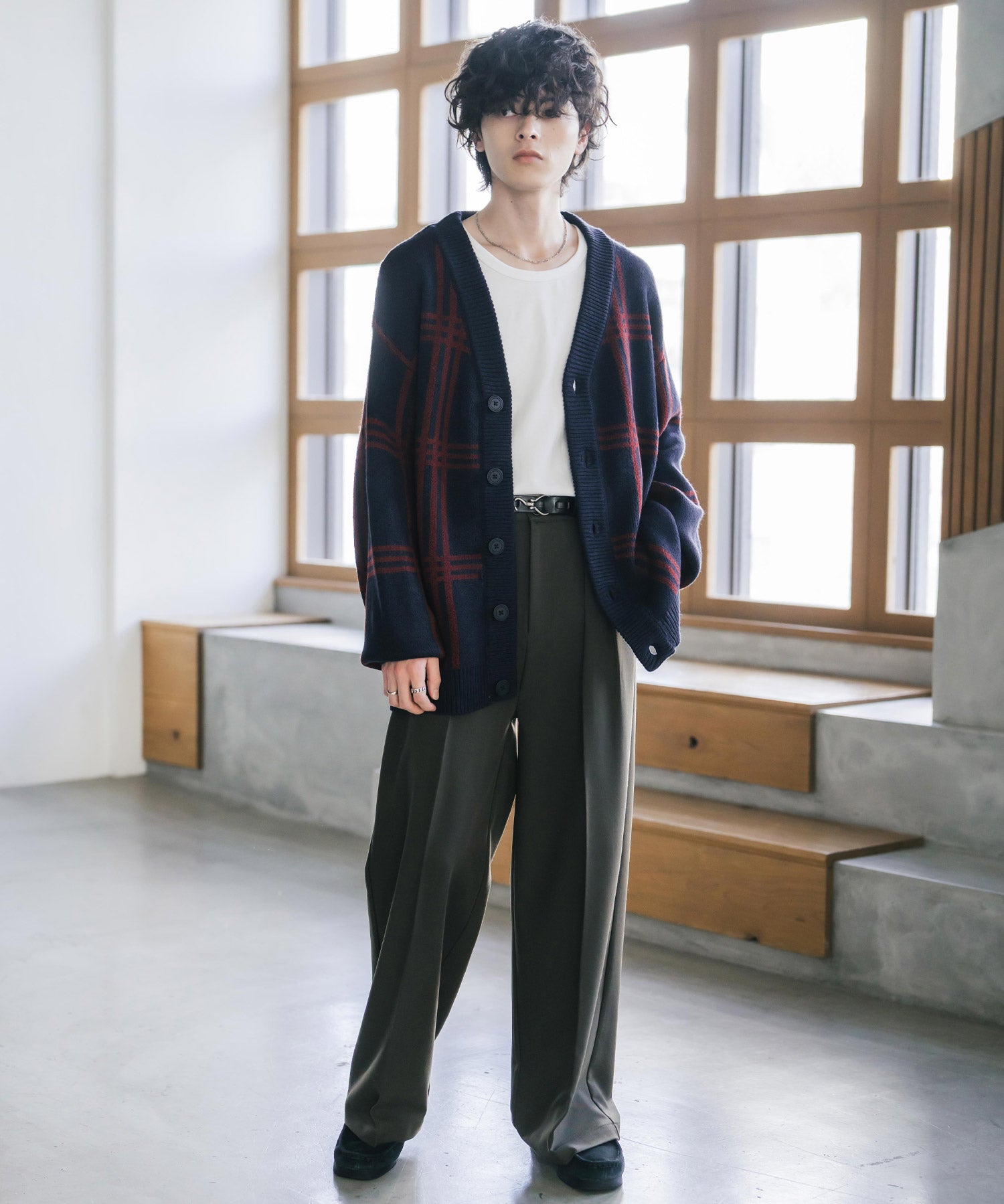 オーバーサイズ総柄Vネックボリュームニットカーディガン アーガイル柄 チェック柄 15484