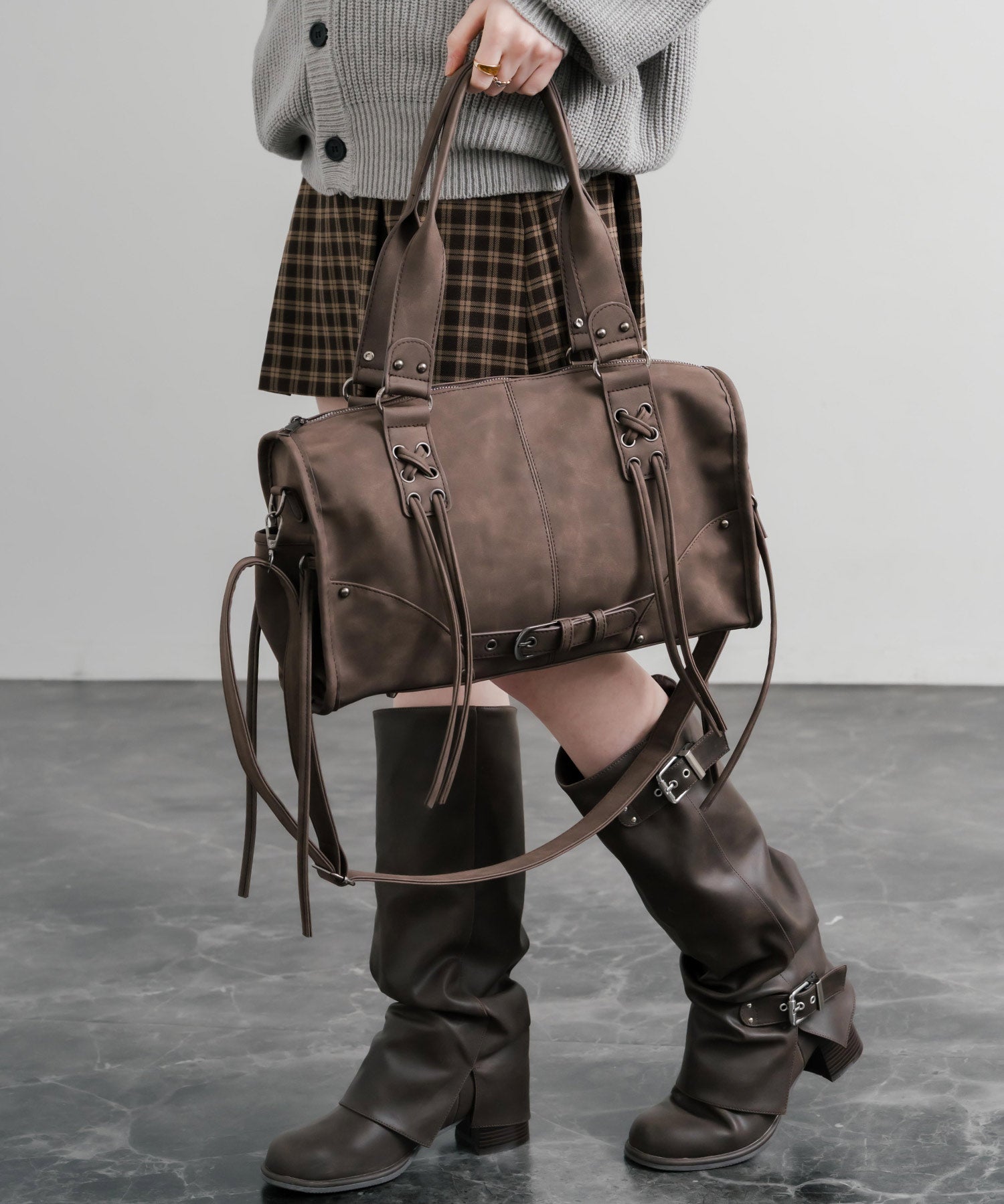 ヴィンテージ加工 PUレザー2WAYショルダーバッグ/ハンドバッグ 15509