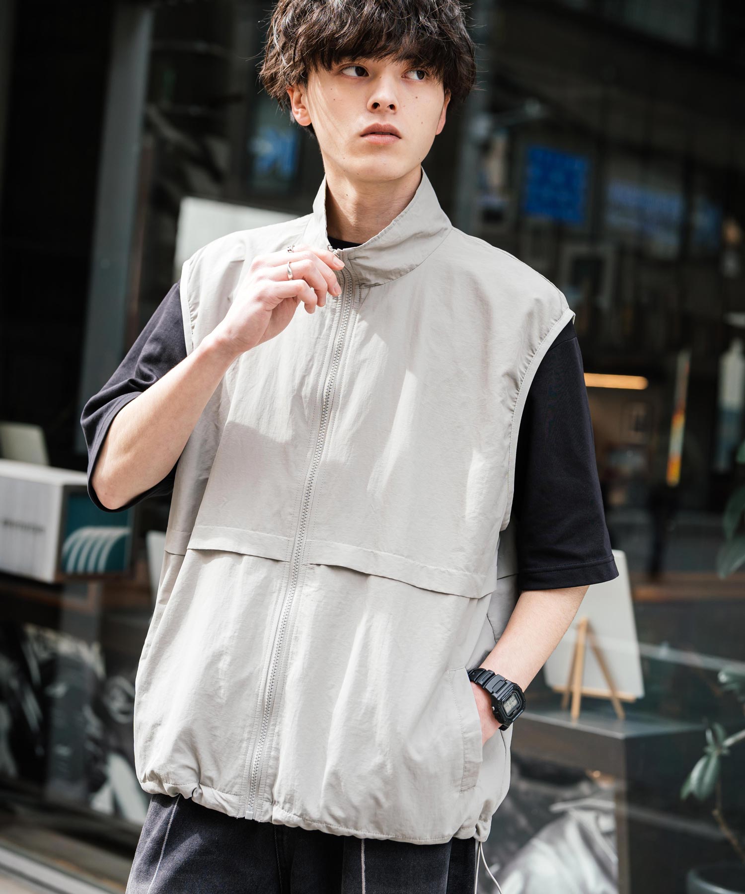 裏メッシュスタンドネック前開きナイロンベスト 15521