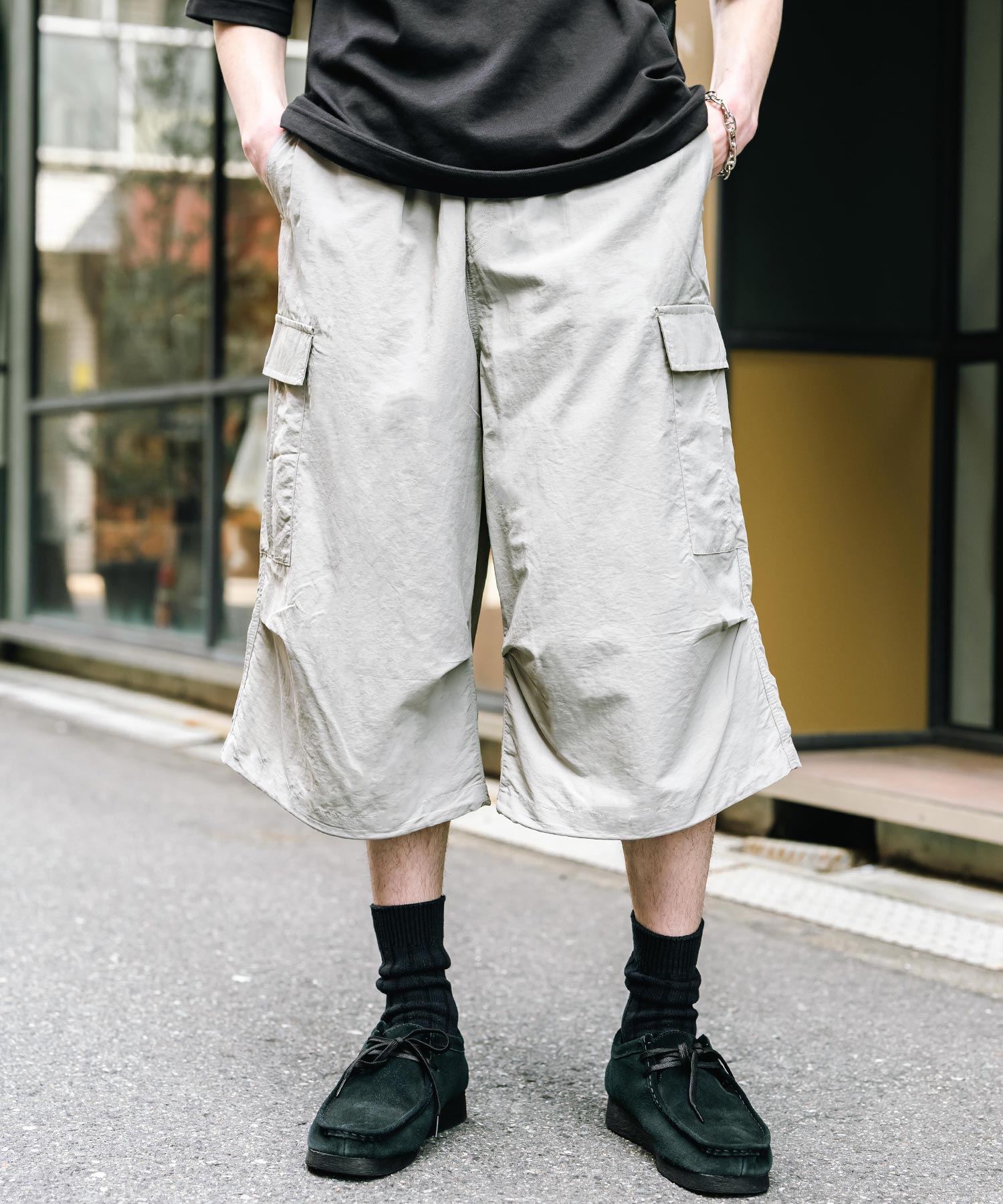 膝下丈 ワンタック ナイロンワイドカーゴハーフパンツ 15522