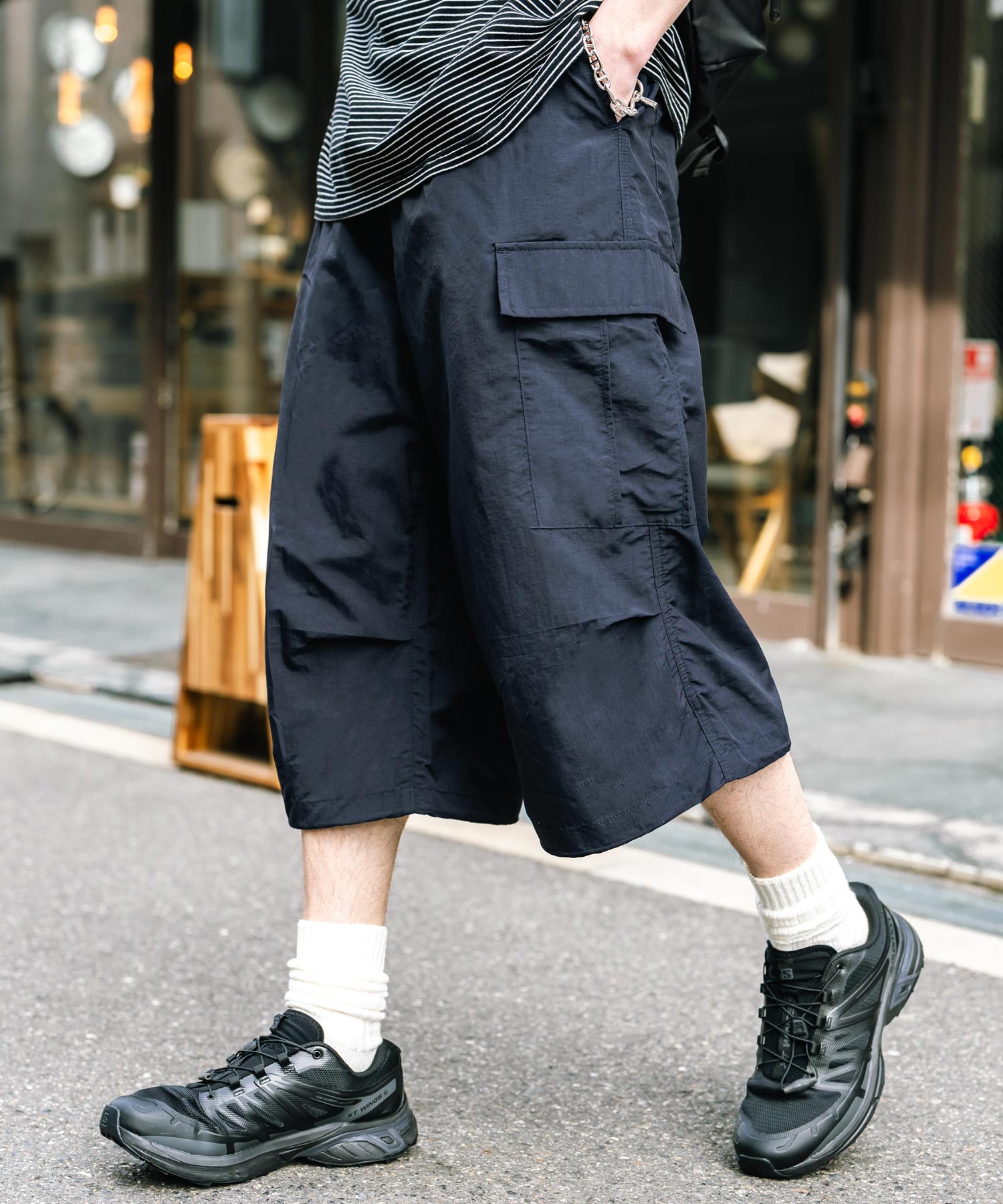 膝下丈 ワンタック ナイロンワイドカーゴハーフパンツ 15522