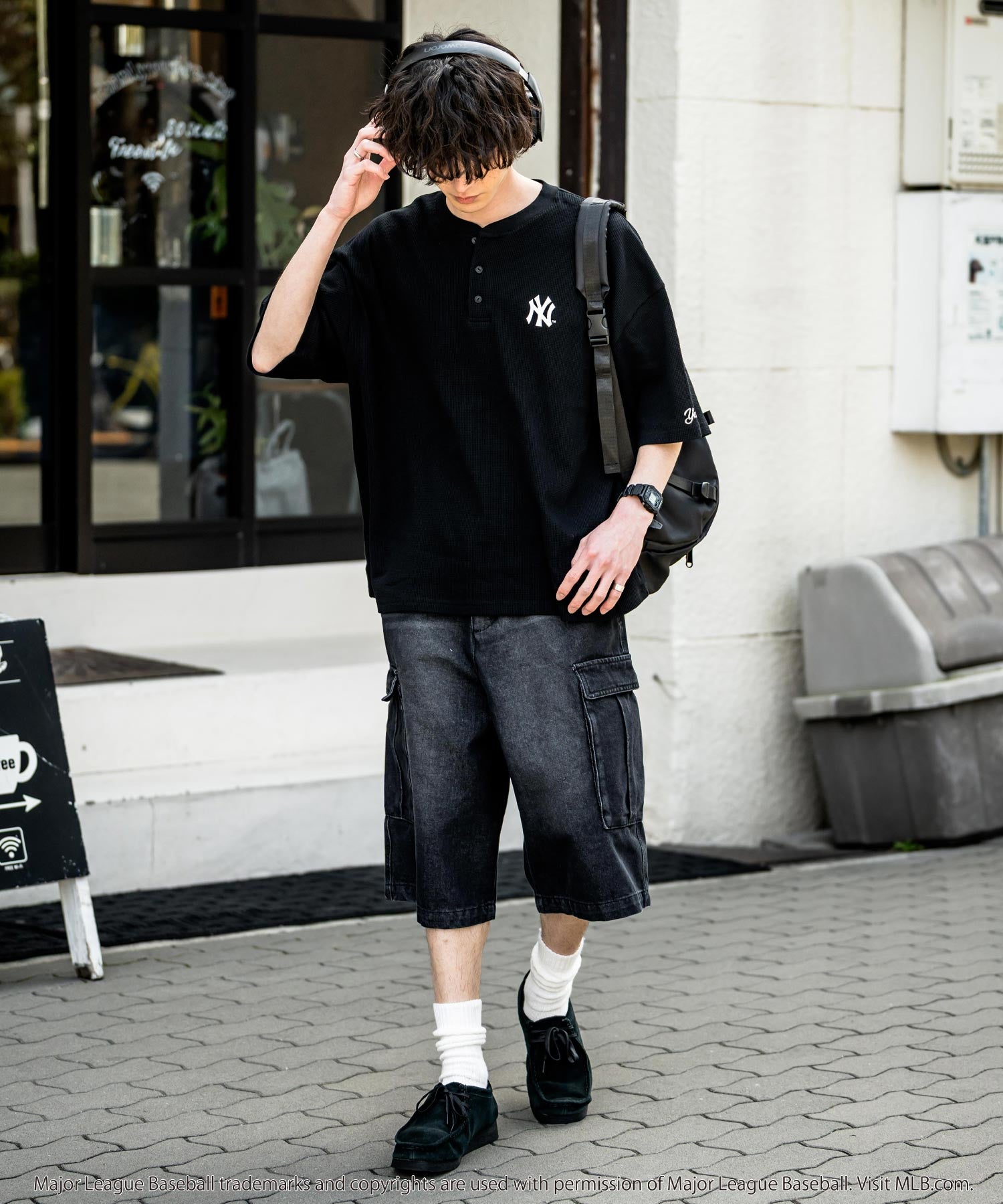 MLB メジャーリーグベースボール オーバーサイズヘンリーネックT/Cワッフルロゴプリント半袖Tシャツ 15531
