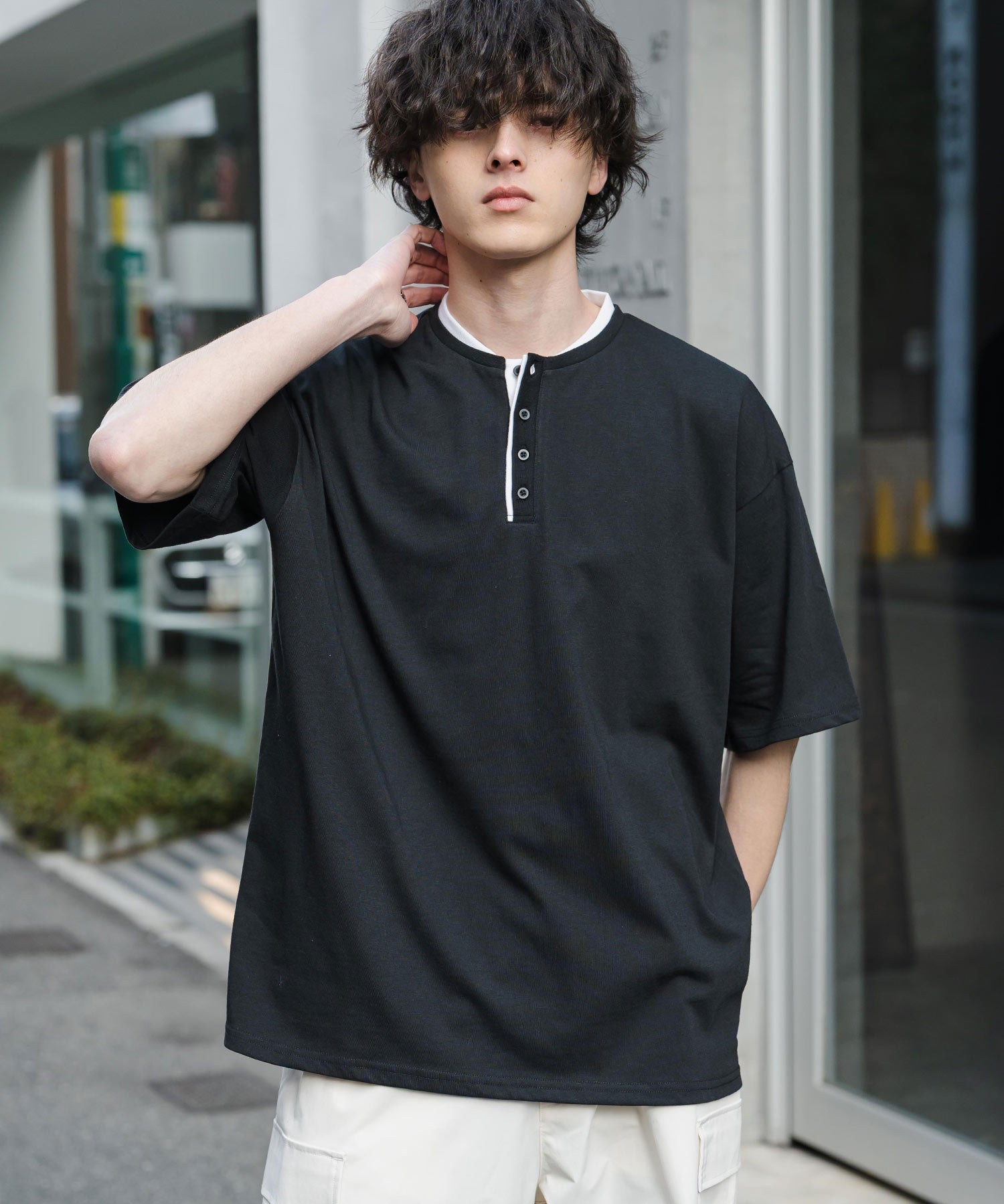 オーバーサイズ レイヤードヘンリーネック半袖Tシャツ 15552
