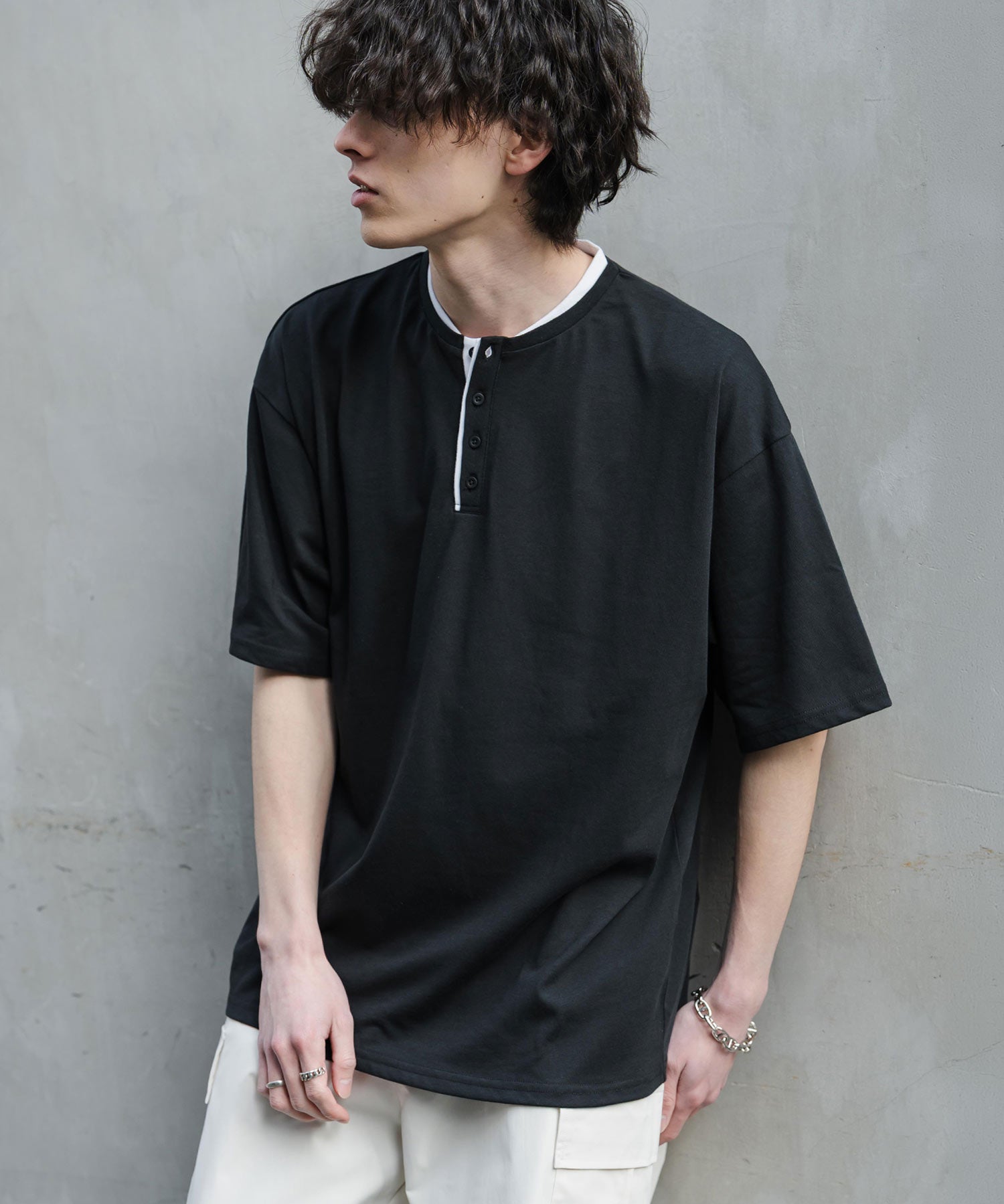 オーバーサイズ レイヤードヘンリーネック半袖Tシャツ 15552