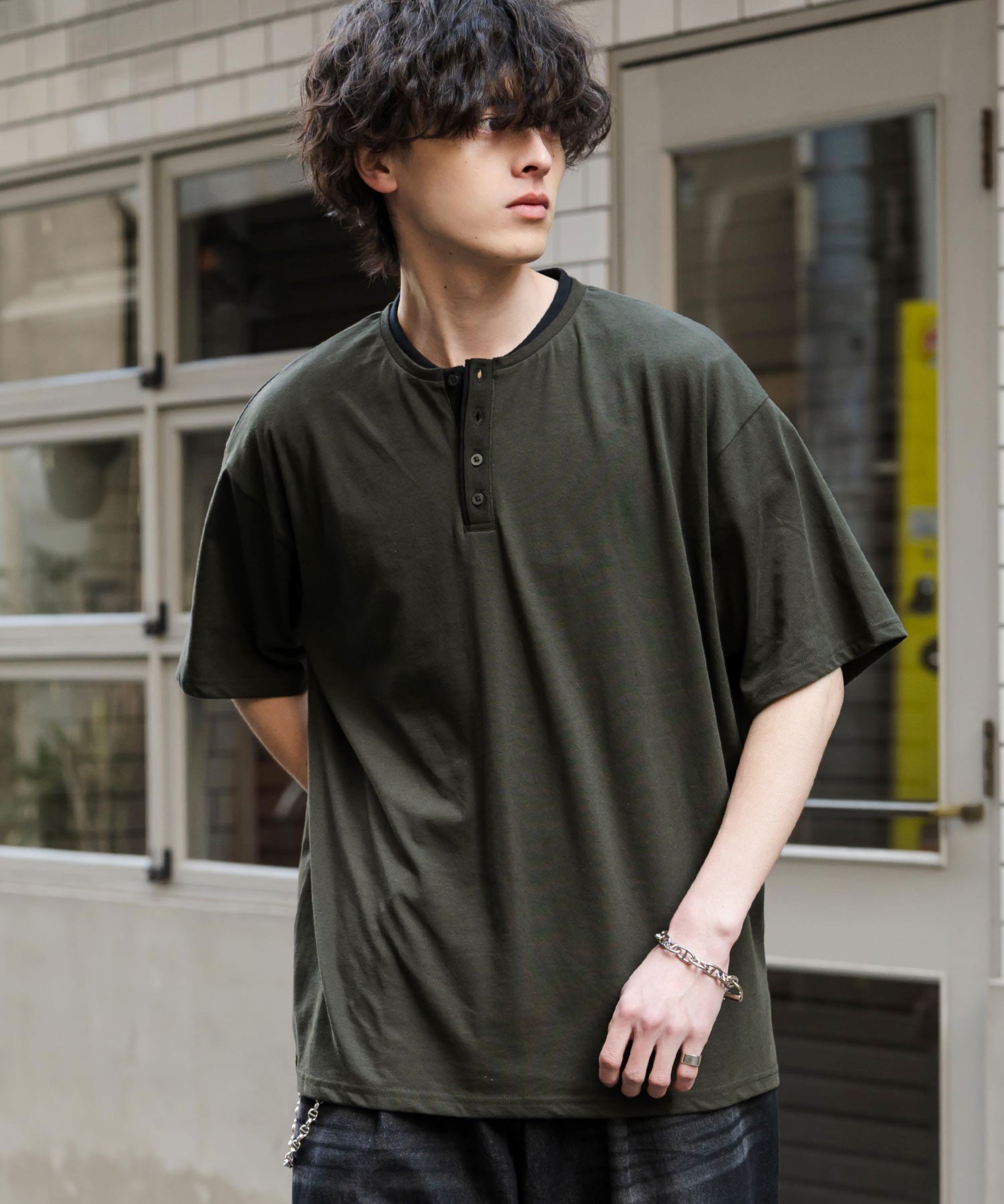 オーバーサイズ レイヤードヘンリーネック半袖Tシャツ 15552