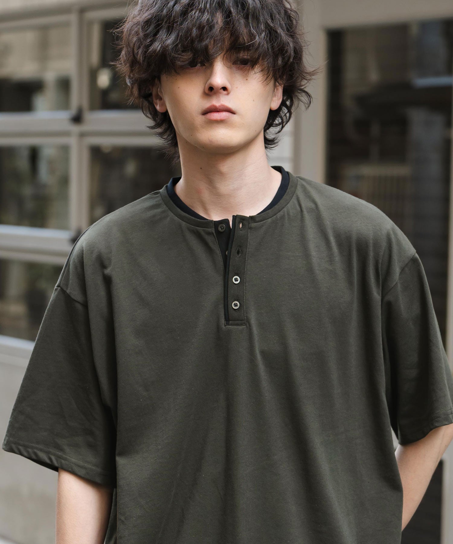 オーバーサイズ レイヤードヘンリーネック半袖Tシャツ 15552