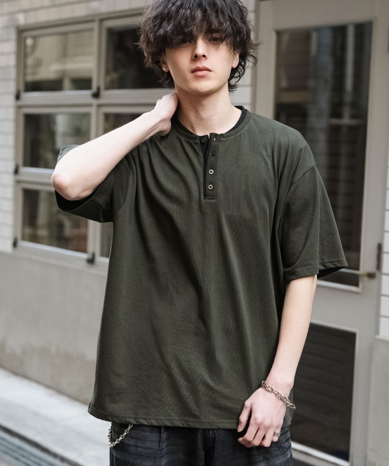 オーバーサイズ レイヤードヘンリーネック半袖Tシャツ 15552