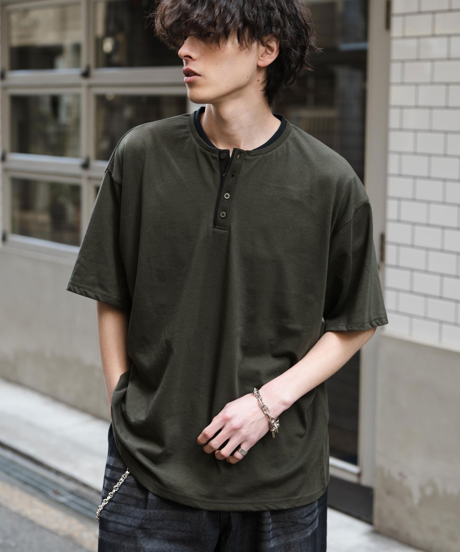 オーバーサイズ レイヤードヘンリーネック半袖Tシャツ 15552