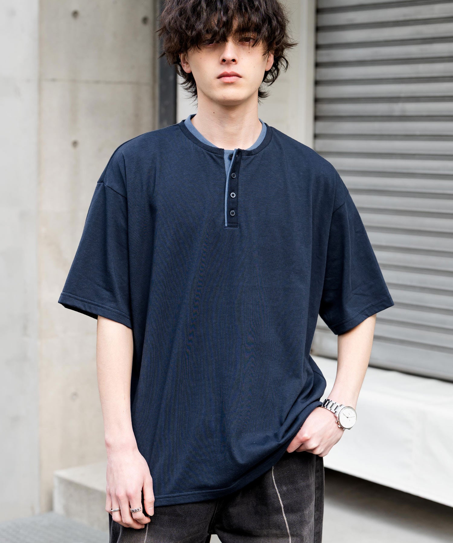 オーバーサイズ レイヤードヘンリーネック半袖Tシャツ 15552