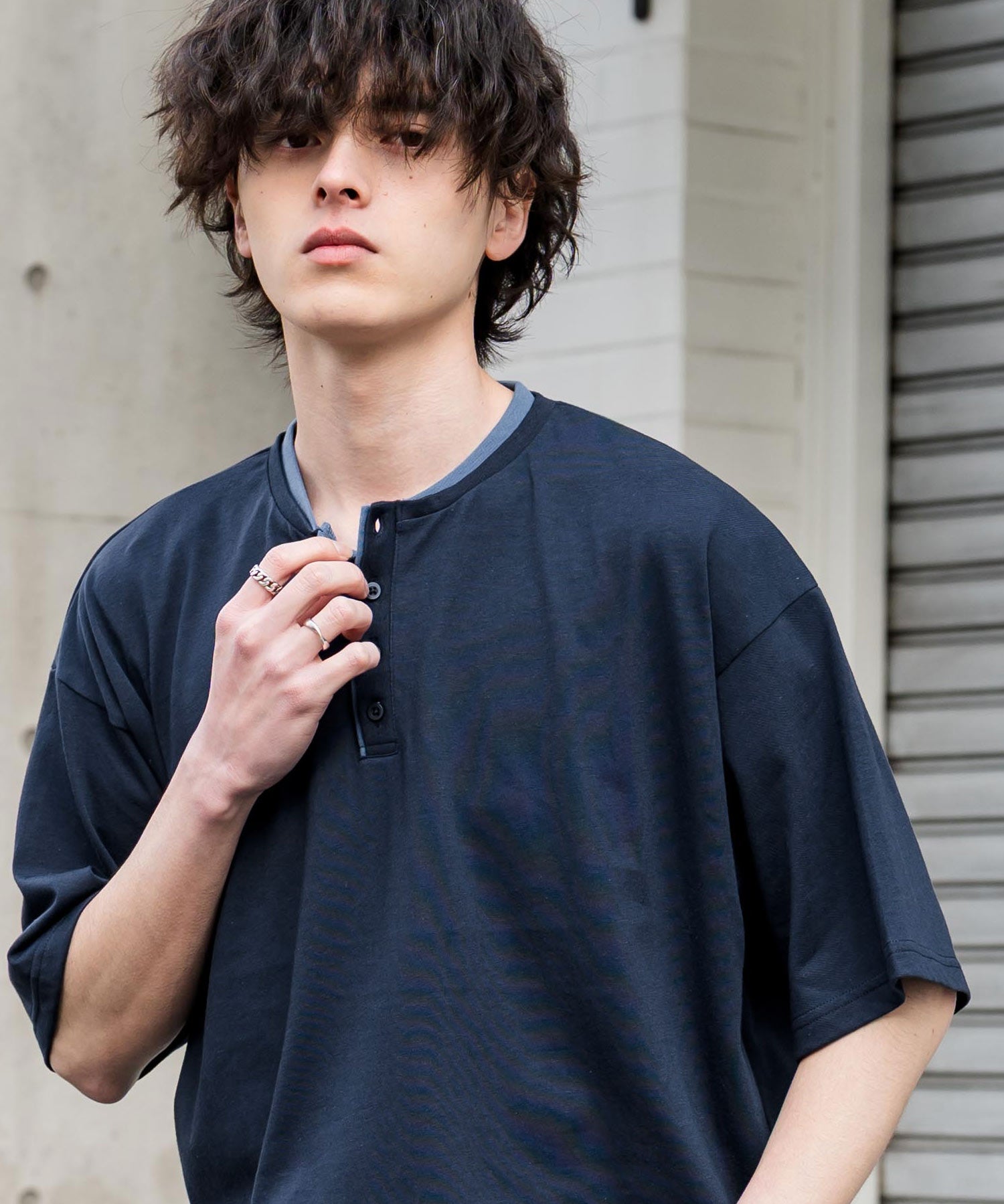 オーバーサイズ レイヤードヘンリーネック半袖Tシャツ 15552