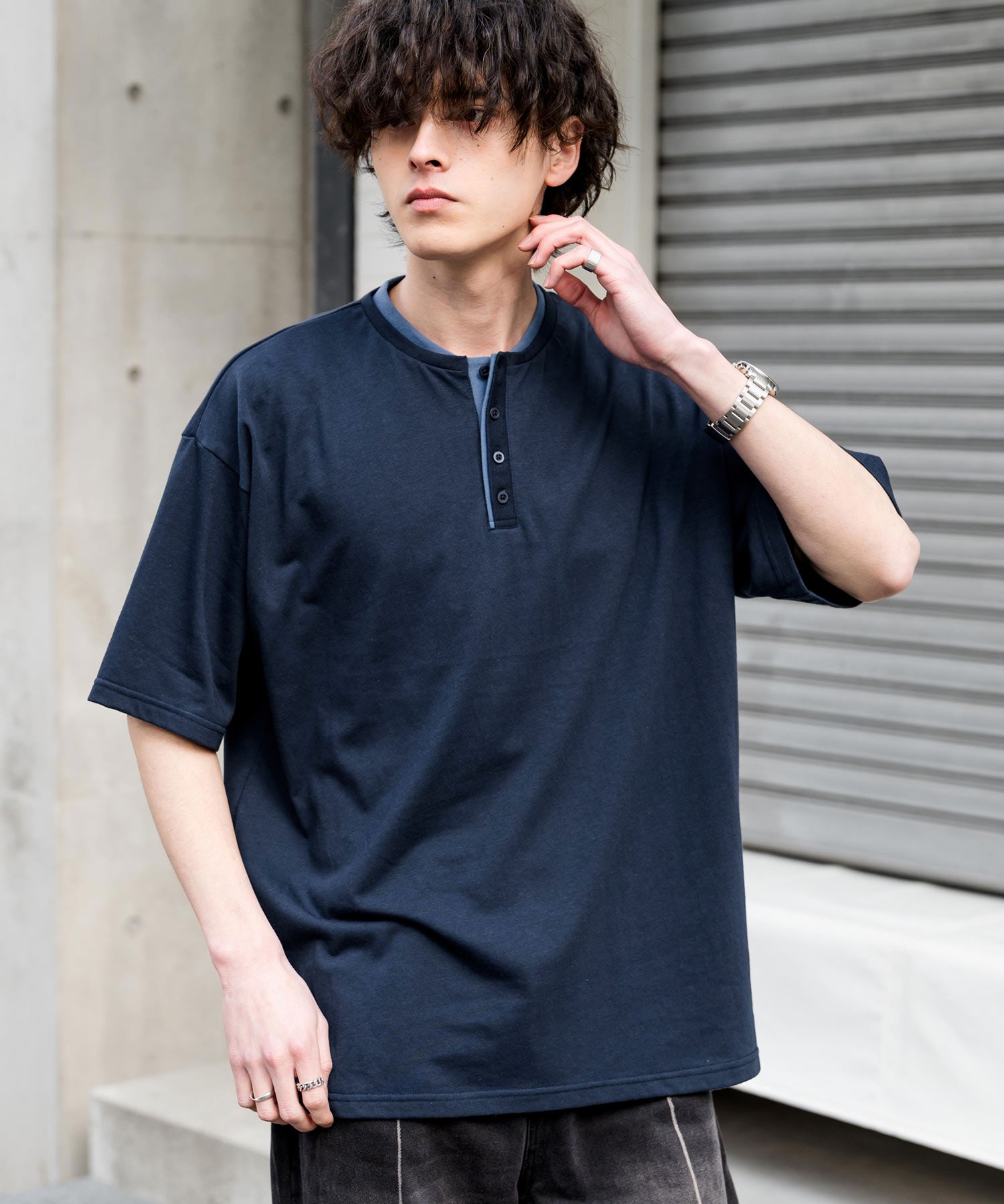オーバーサイズ レイヤードヘンリーネック半袖Tシャツ 15552