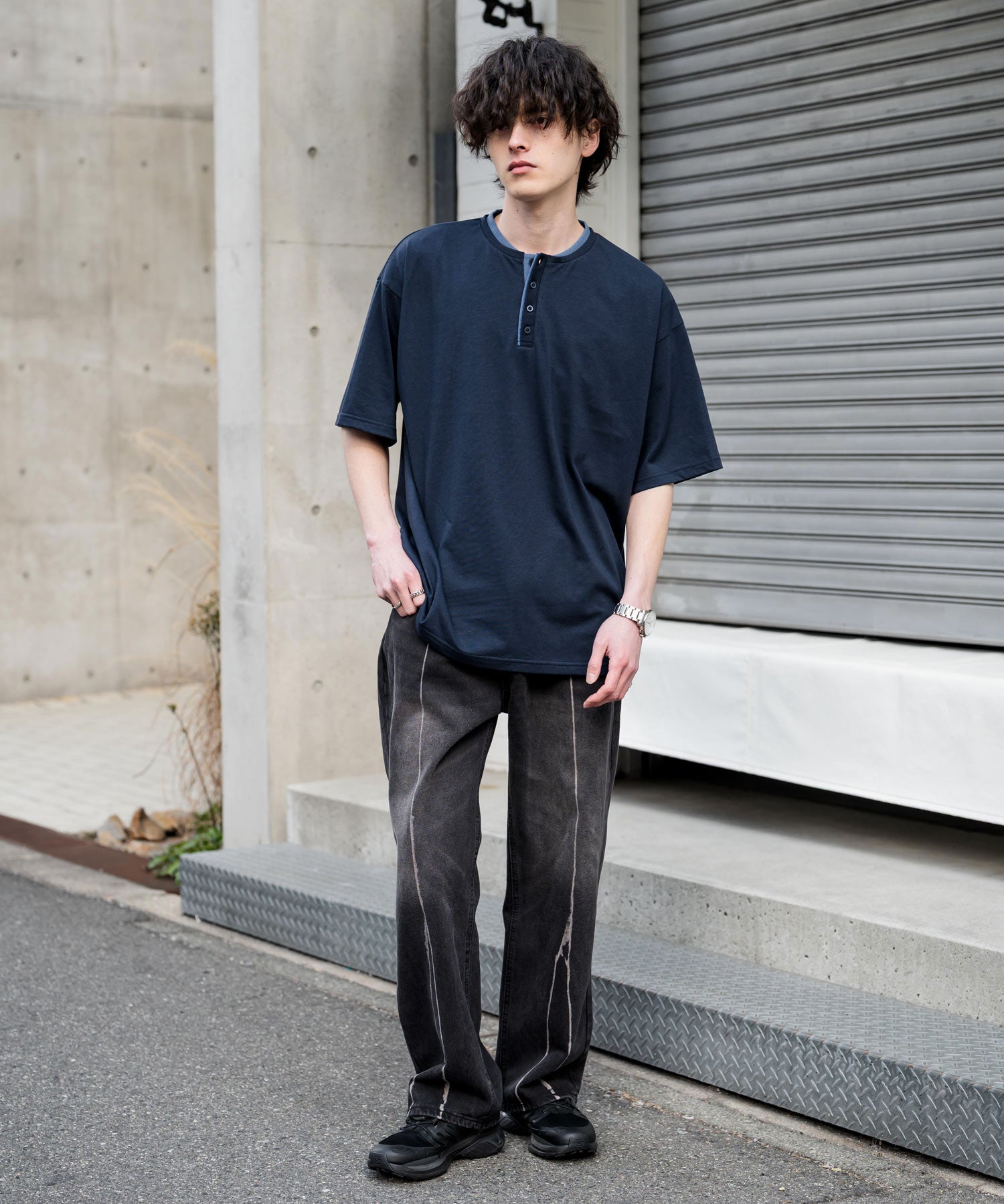 オーバーサイズ レイヤードヘンリーネック半袖Tシャツ 15552