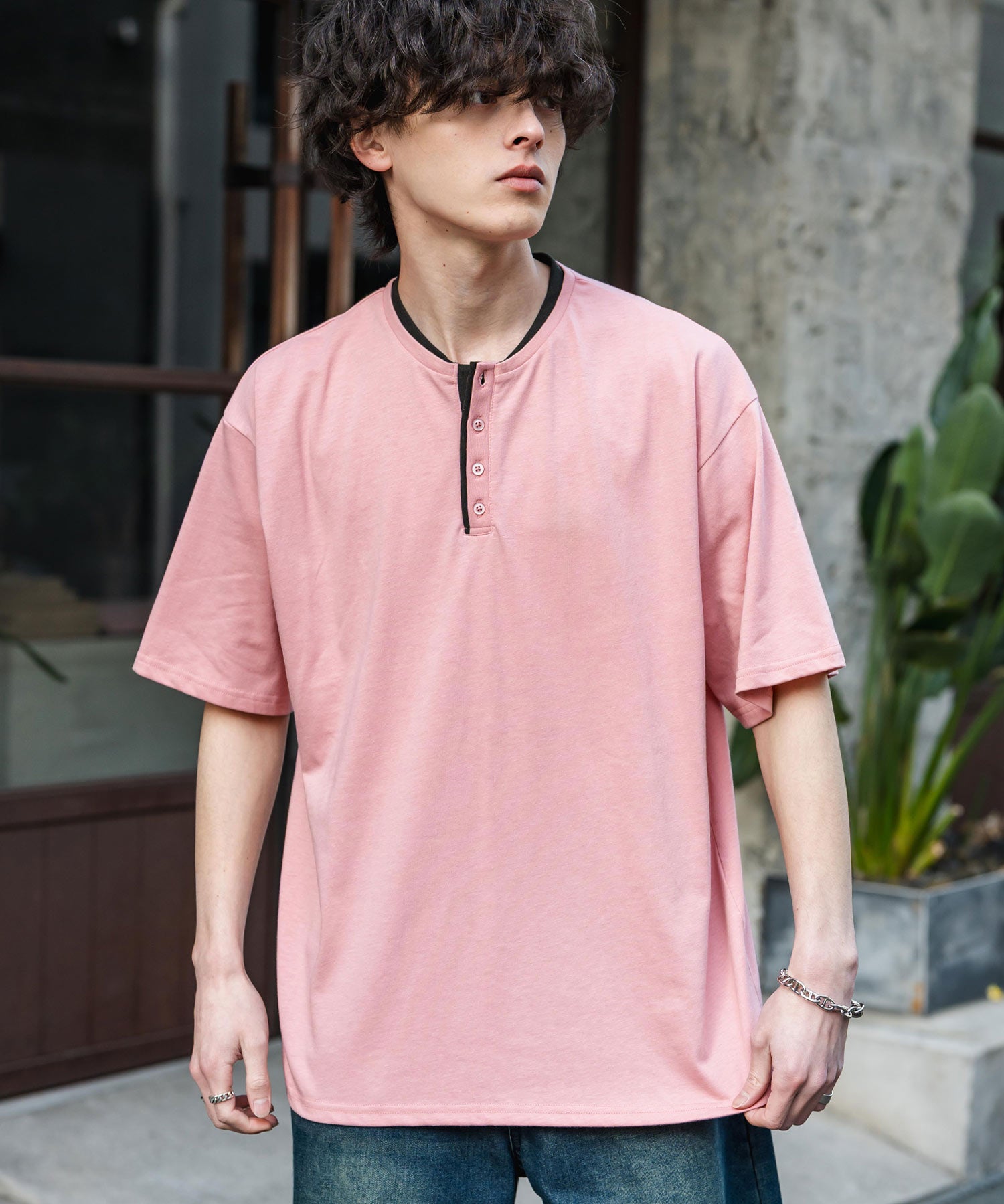 オーバーサイズ レイヤードヘンリーネック半袖Tシャツ 15552