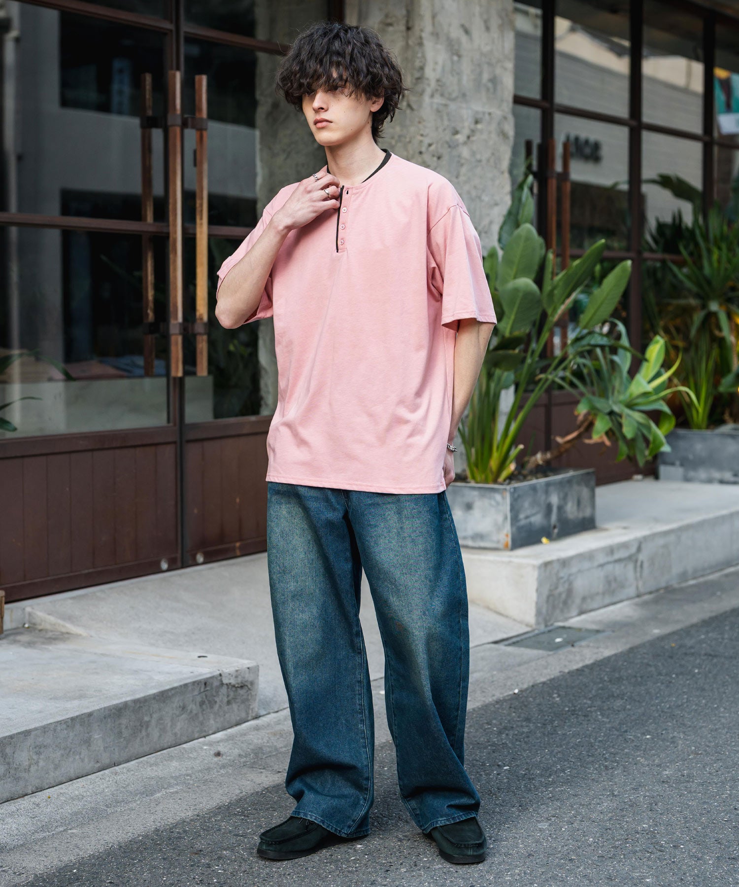 オーバーサイズ レイヤードヘンリーネック半袖Tシャツ 15552