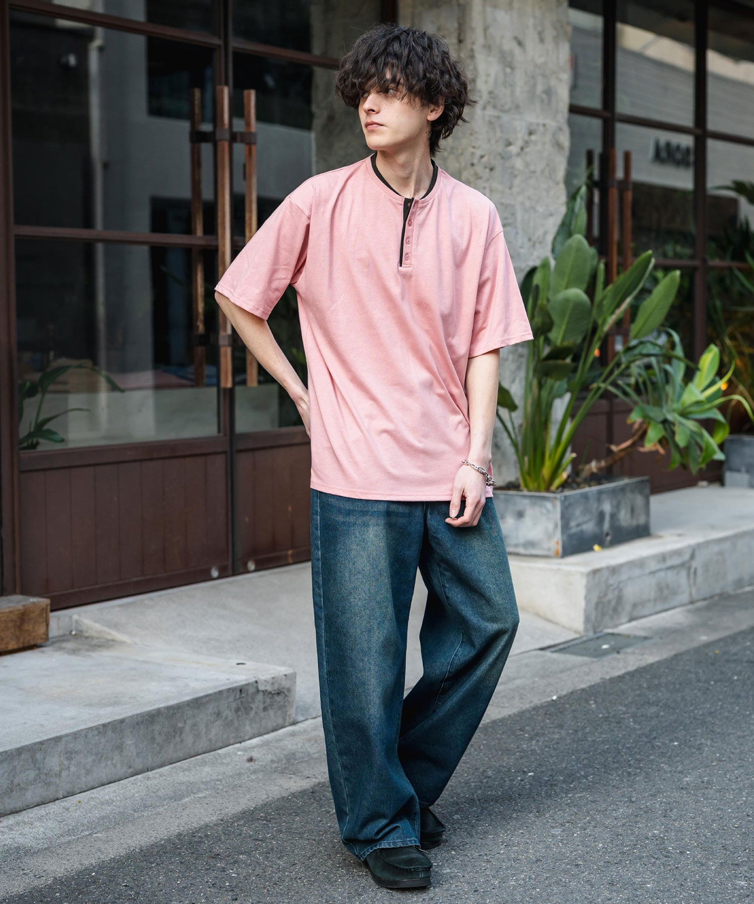 オーバーサイズ レイヤードヘンリーネック半袖Tシャツ 15552