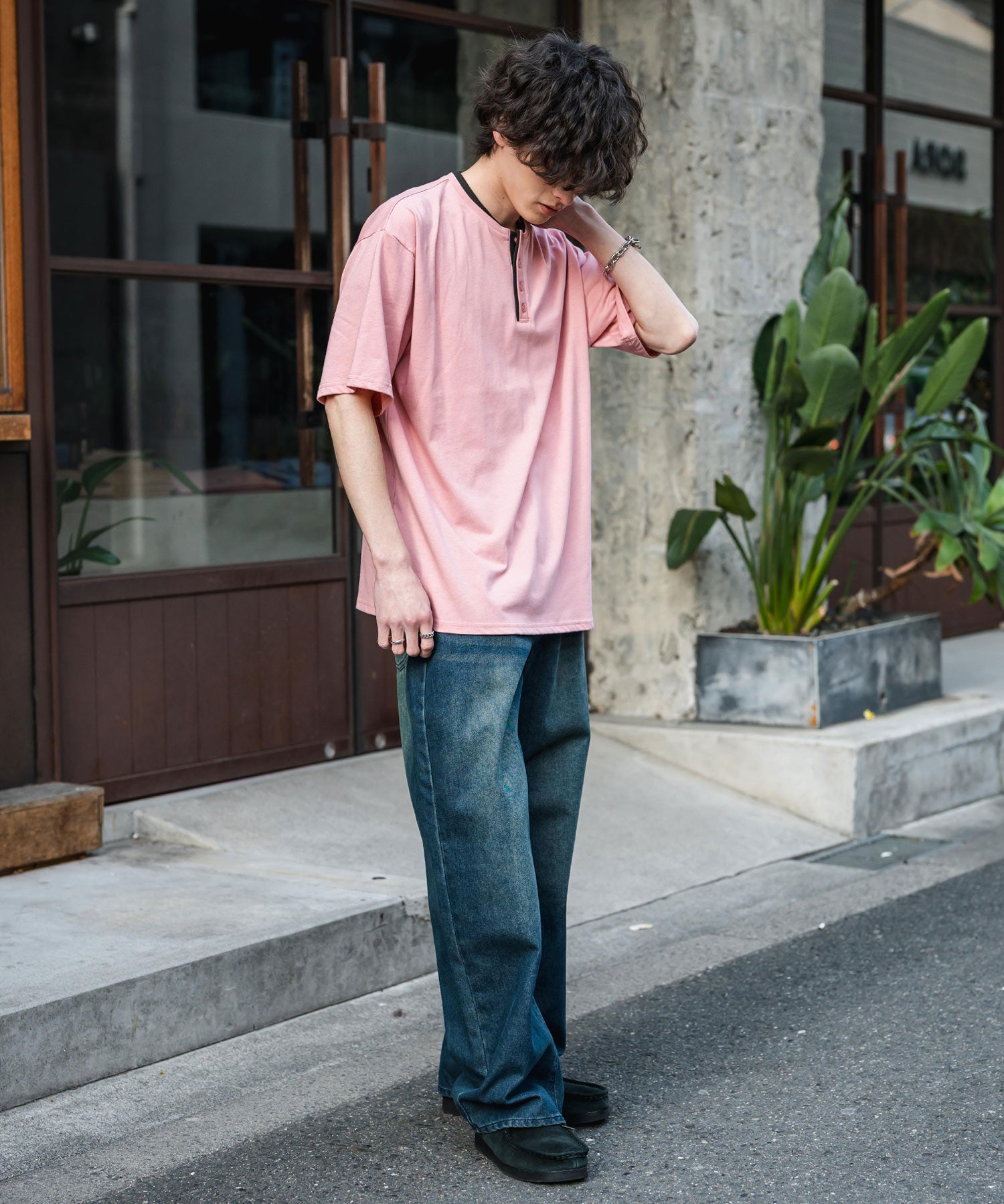 オーバーサイズ レイヤードヘンリーネック半袖Tシャツ 15552