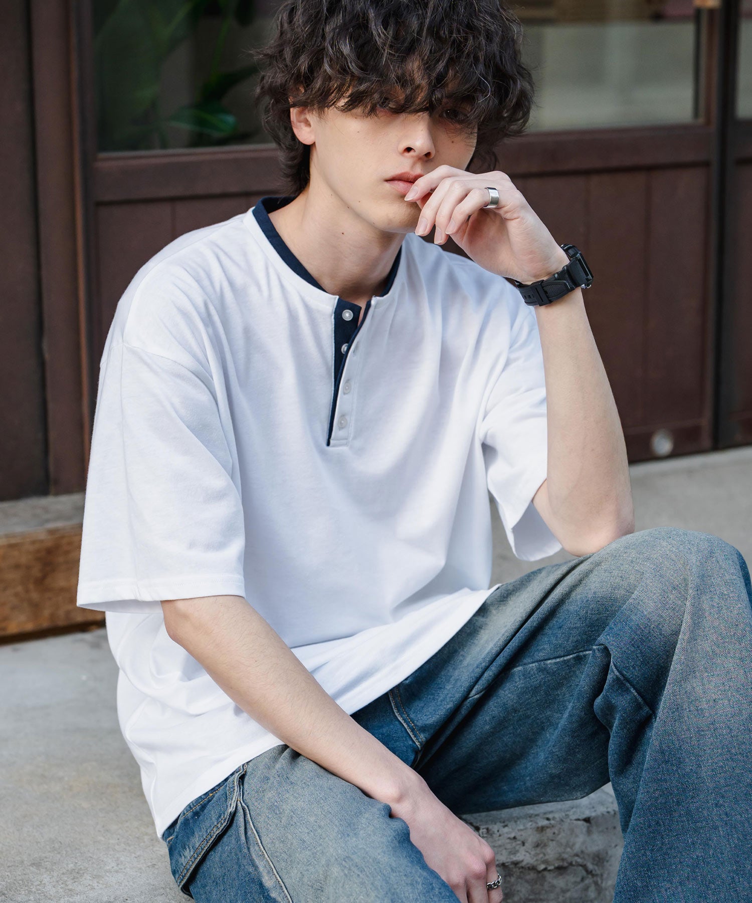 オーバーサイズ レイヤードヘンリーネック半袖Tシャツ 15552