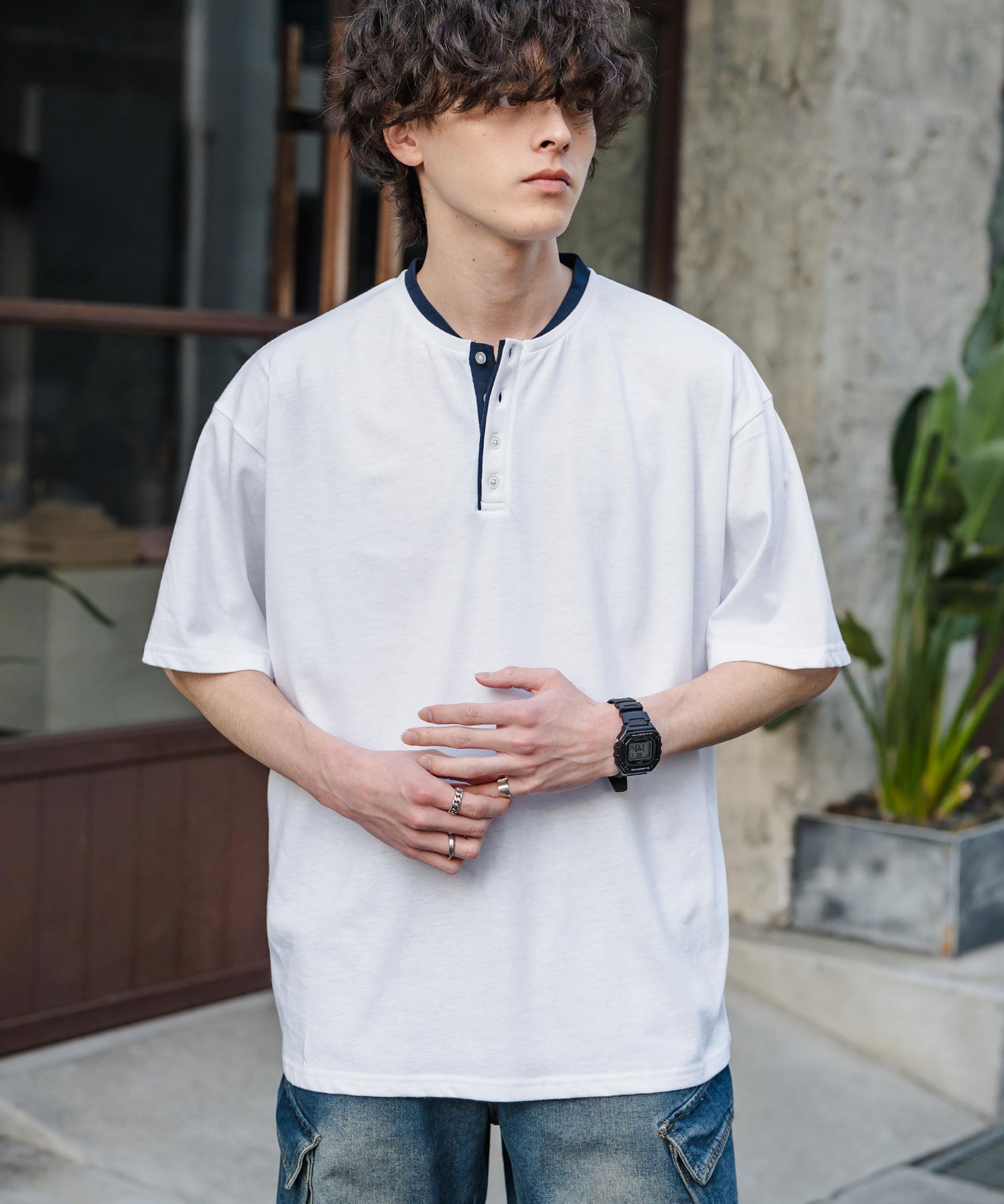 オーバーサイズ レイヤードヘンリーネック半袖Tシャツ 15552