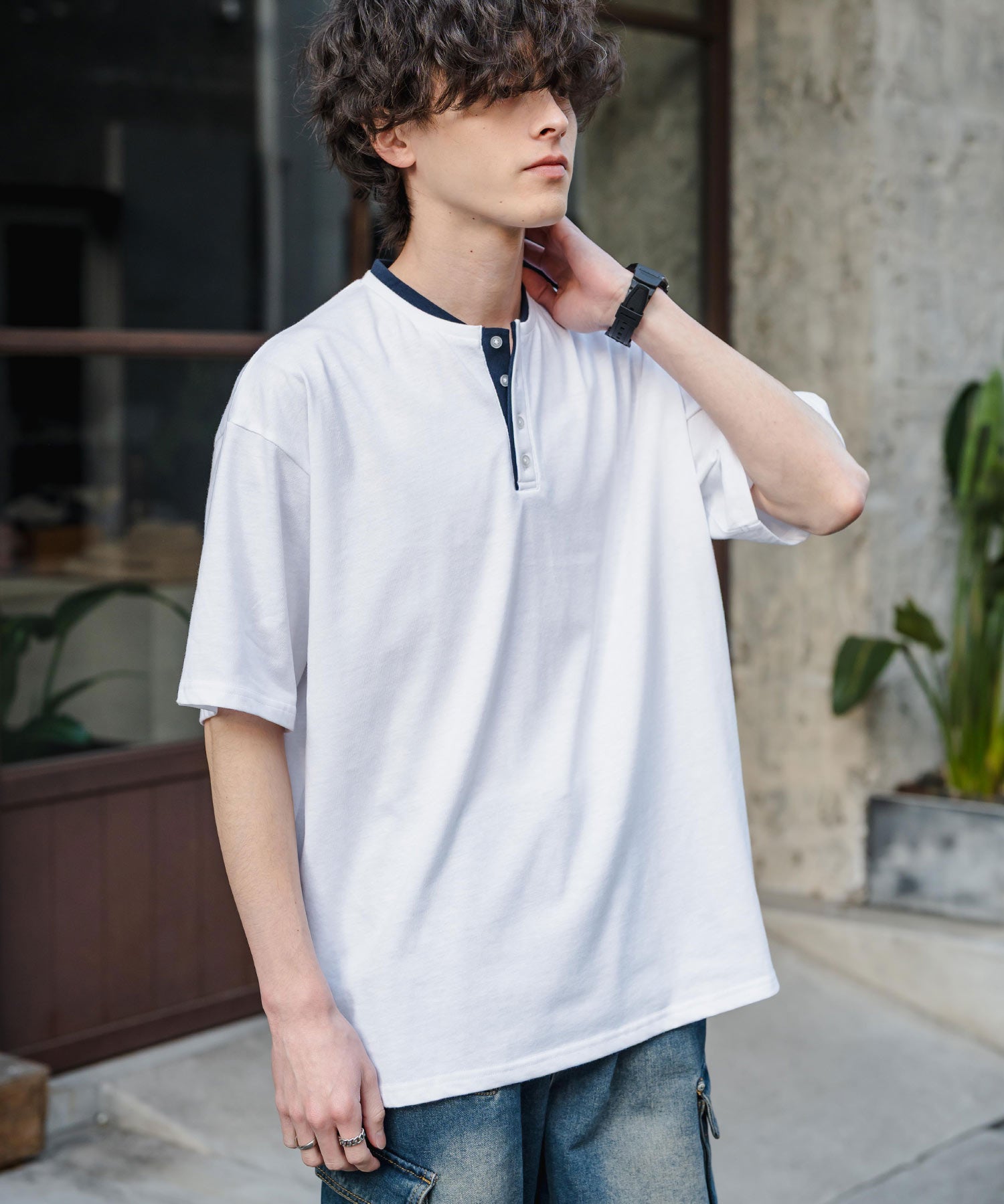 オーバーサイズ レイヤードヘンリーネック半袖Tシャツ 15552