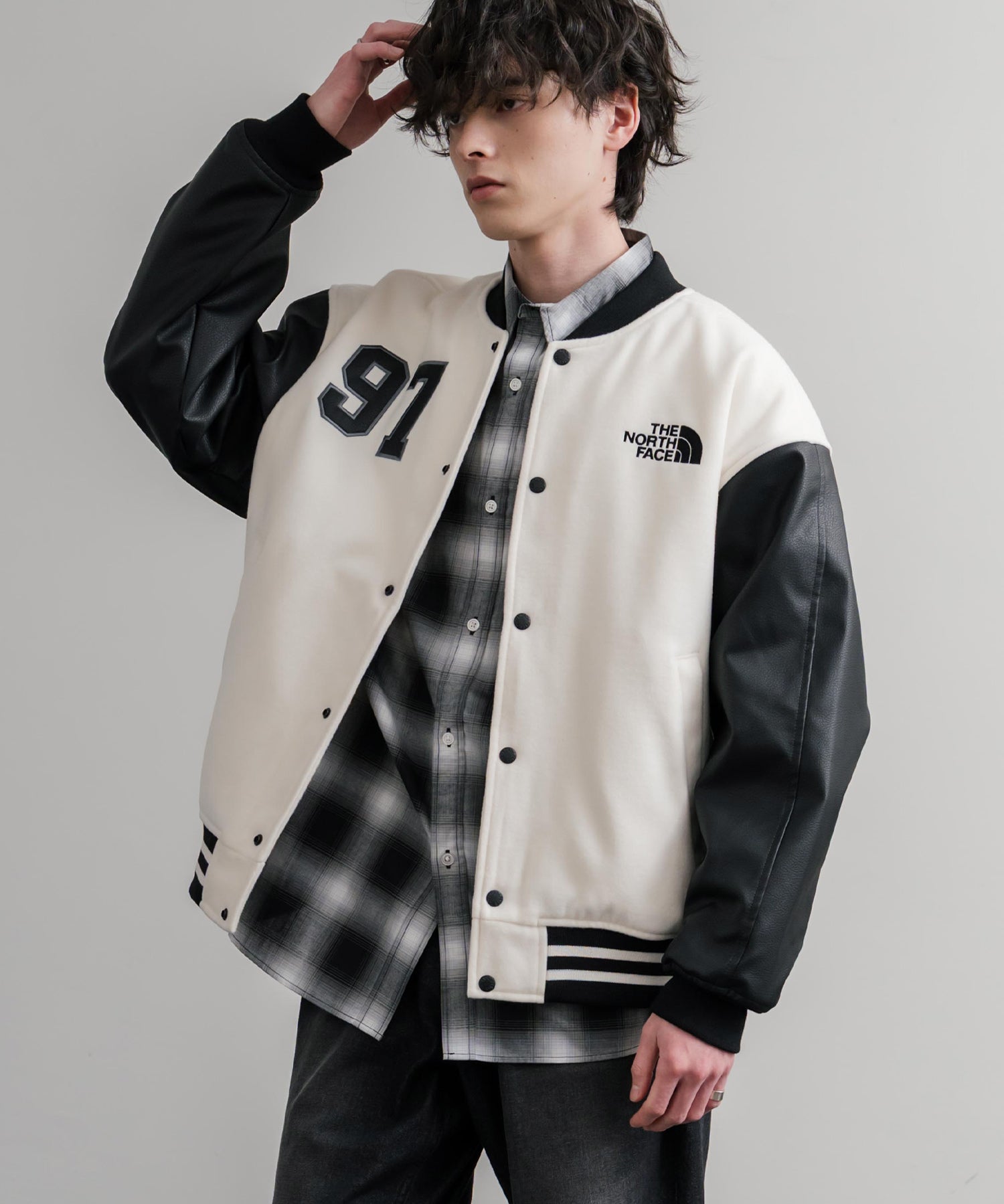 日本未展開モデル WHITE LABEL THE NORTH FACE VARSITY HEAT JACKET オーバーサイズフェイクレザー切替スタジャン/ブルゾン 15555