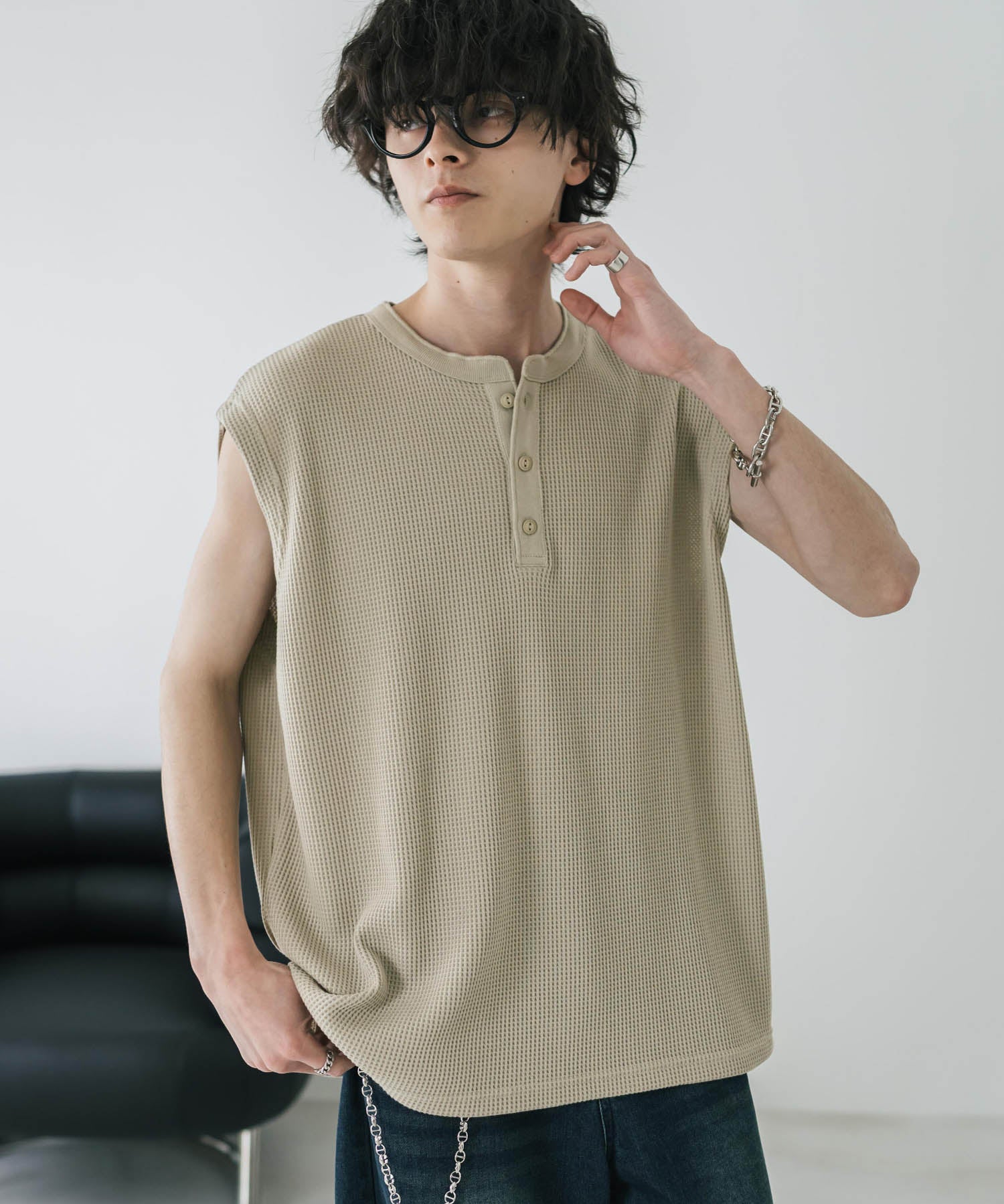 オーバーサイズ T/Cワッフルヘンリーネックタンクトップ 15577