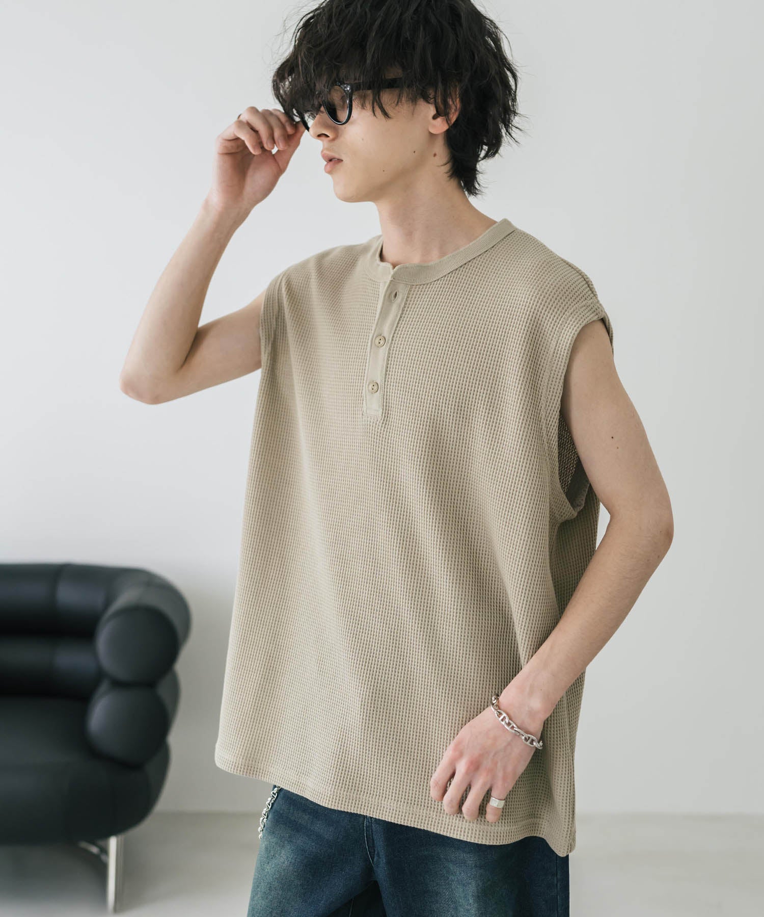 オーバーサイズ T/Cワッフルヘンリーネックタンクトップ 15577