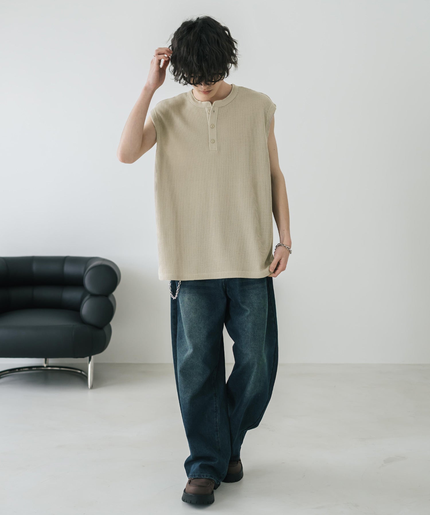 オーバーサイズ T/Cワッフルヘンリーネックタンクトップ 15577