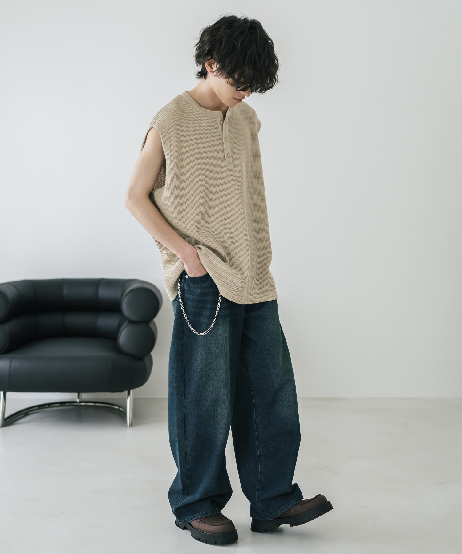 オーバーサイズ T/Cワッフルヘンリーネックタンクトップ 15577