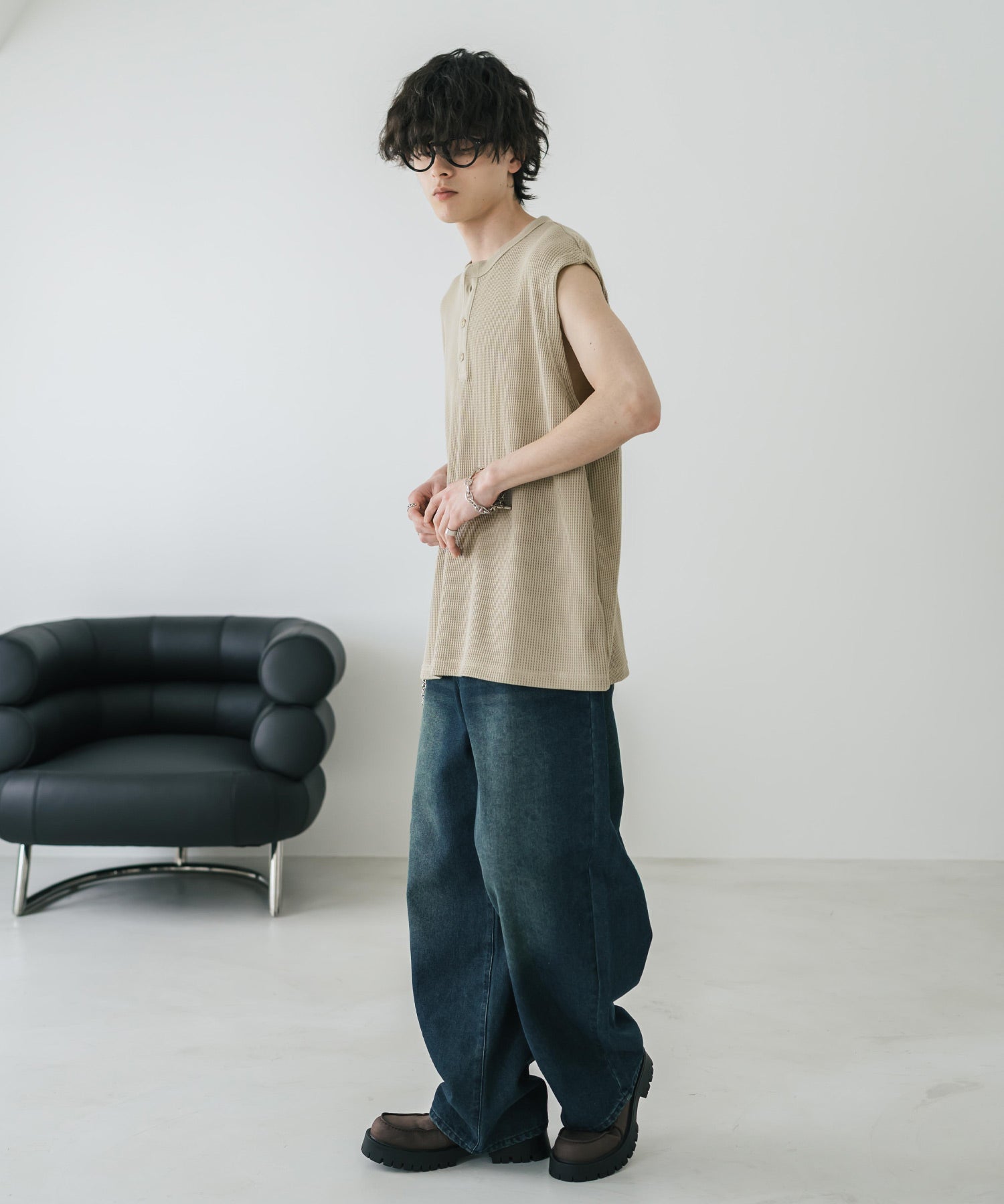 オーバーサイズ T/Cワッフルヘンリーネックタンクトップ 15577