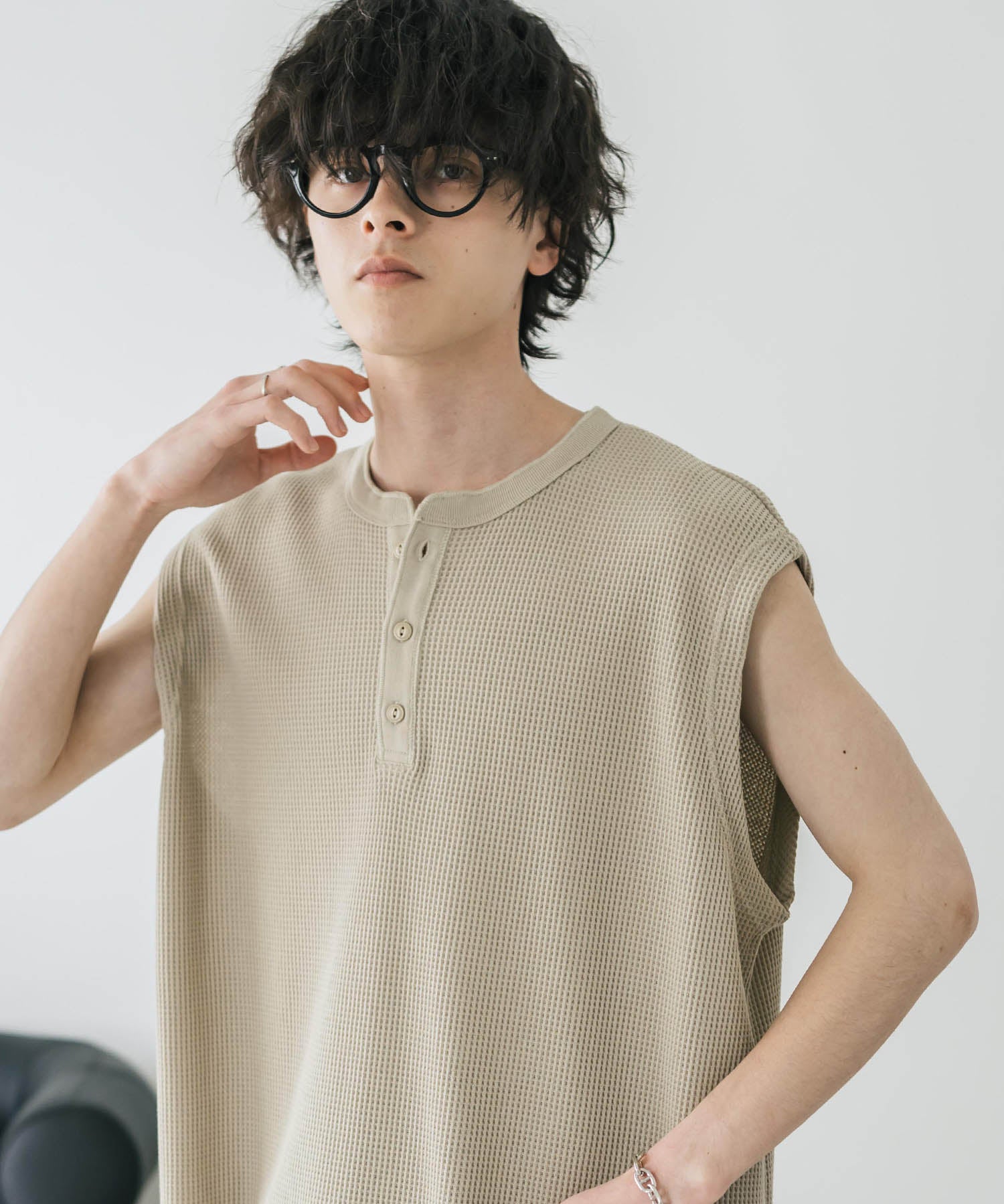 オーバーサイズ T/Cワッフルヘンリーネックタンクトップ 15577