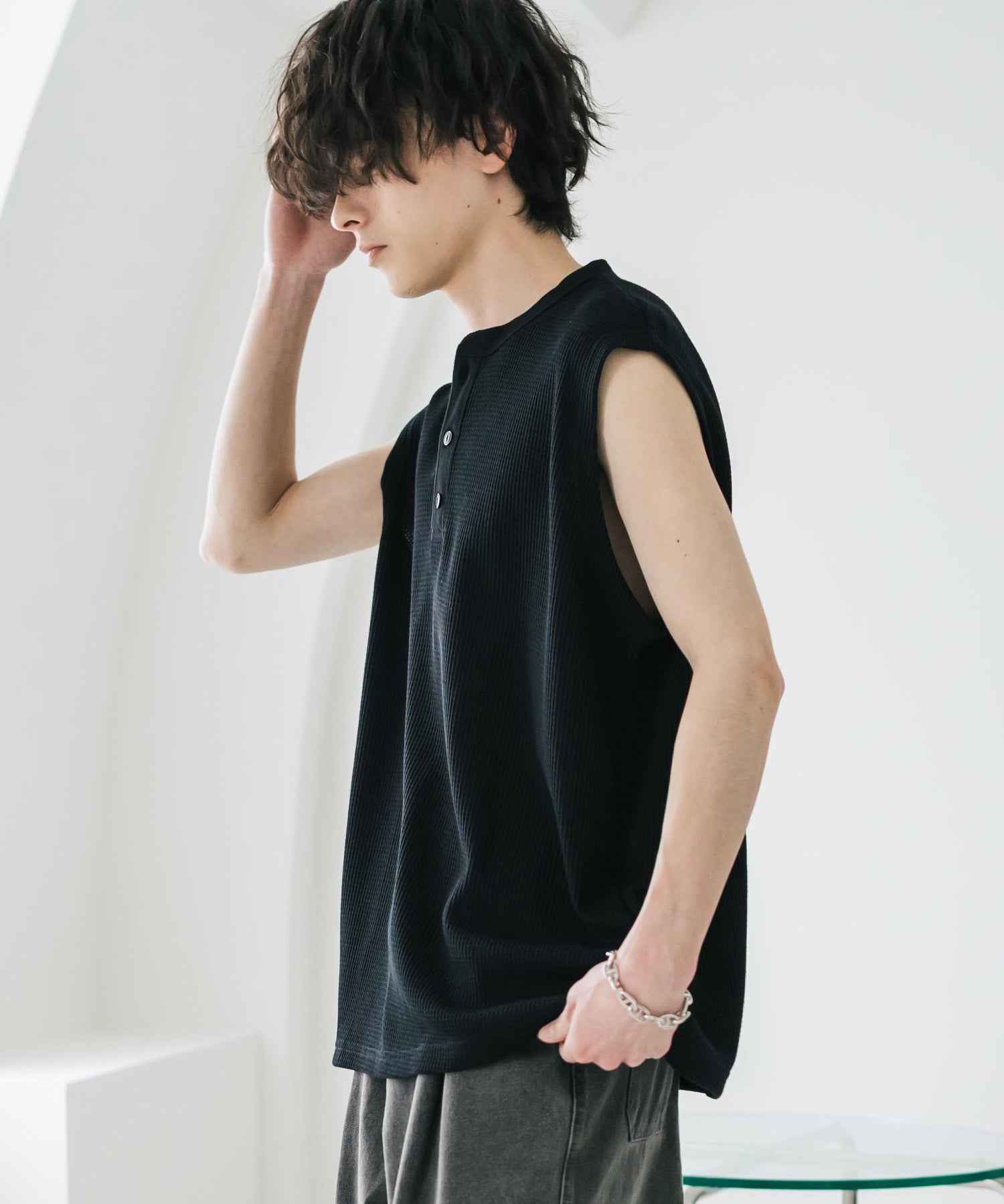 オーバーサイズ T/Cワッフルヘンリーネックタンクトップ 15577