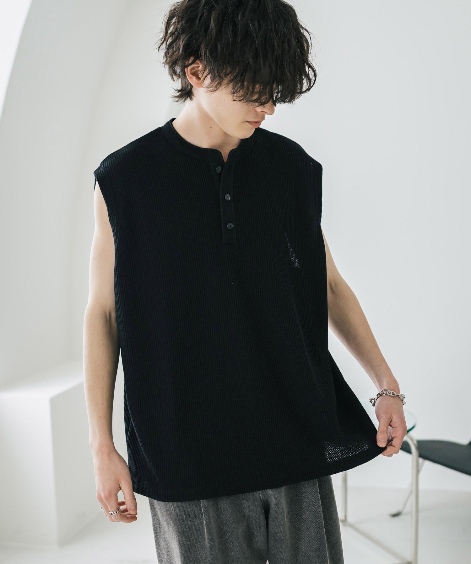 オーバーサイズ T/Cワッフルヘンリーネックタンクトップ 15577