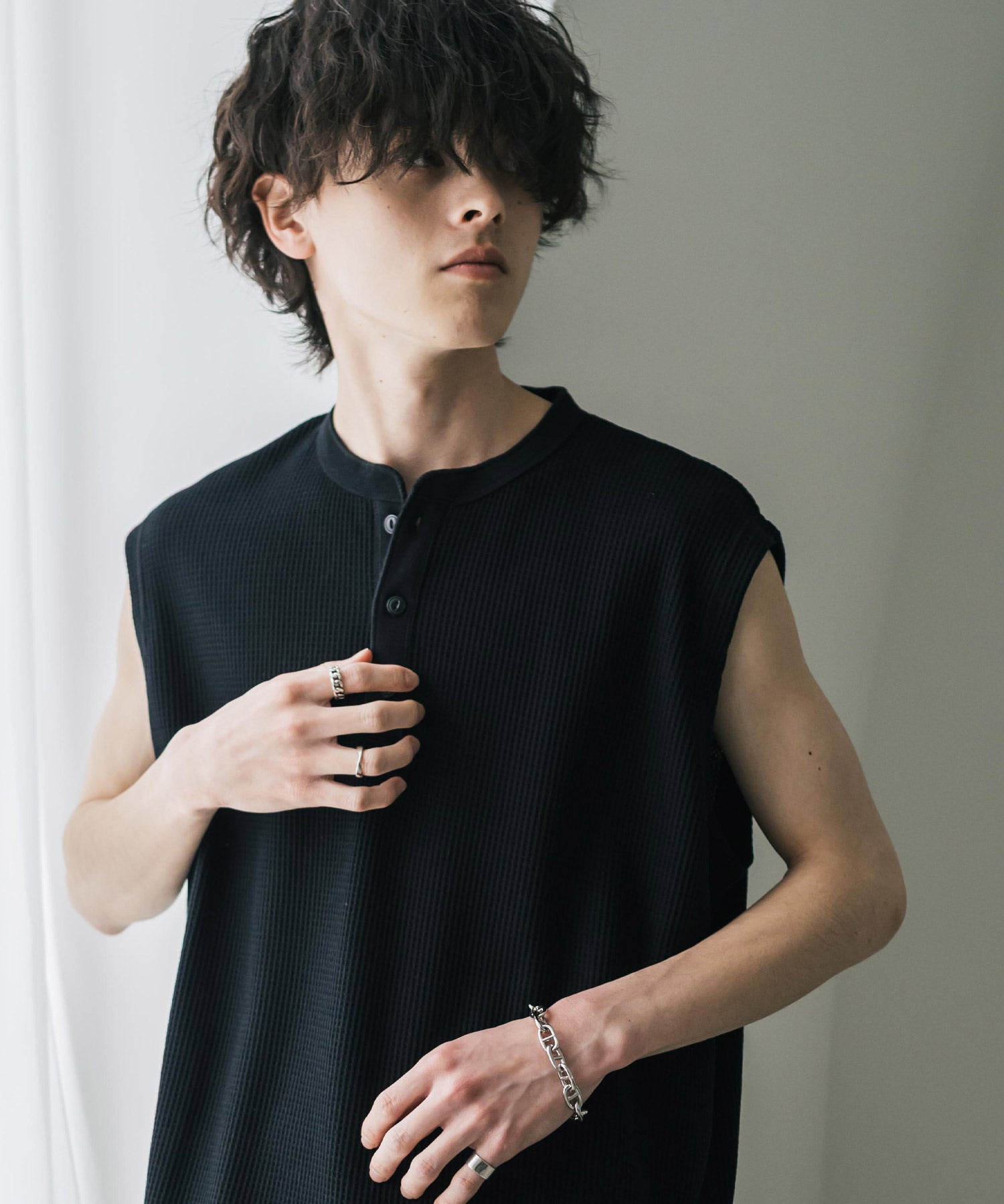 オーバーサイズ T/Cワッフルヘンリーネックタンクトップ 15577