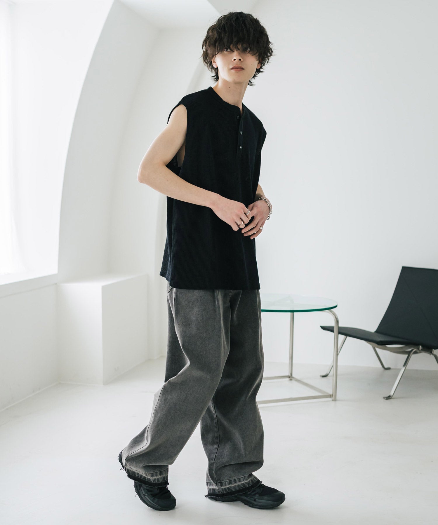 オーバーサイズ T/Cワッフルヘンリーネックタンクトップ 15577