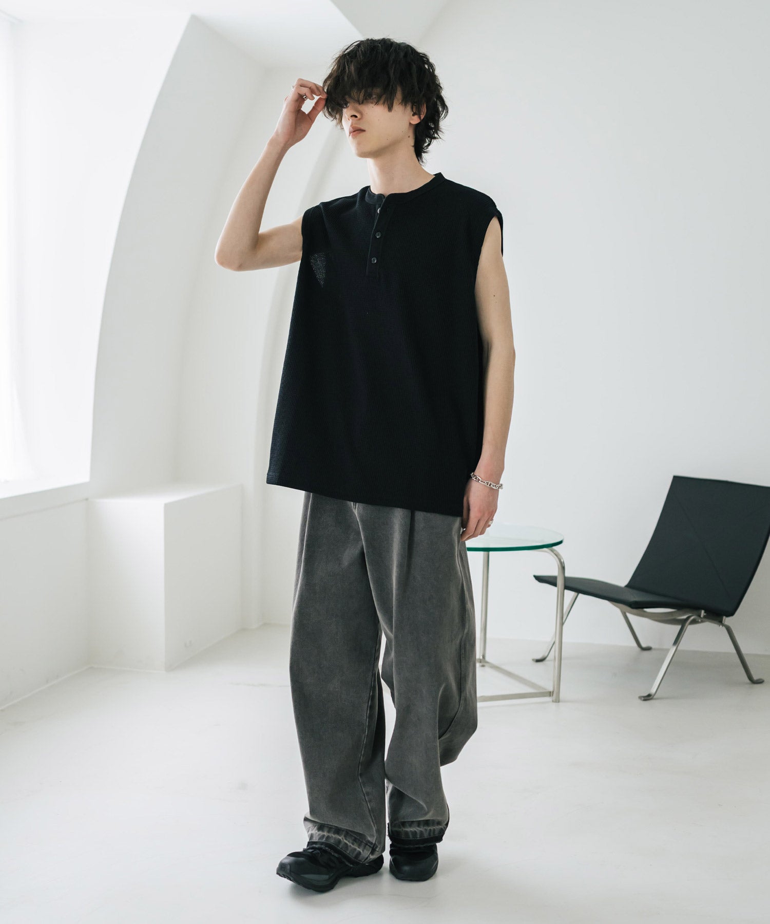 オーバーサイズ T/Cワッフルヘンリーネックタンクトップ 15577